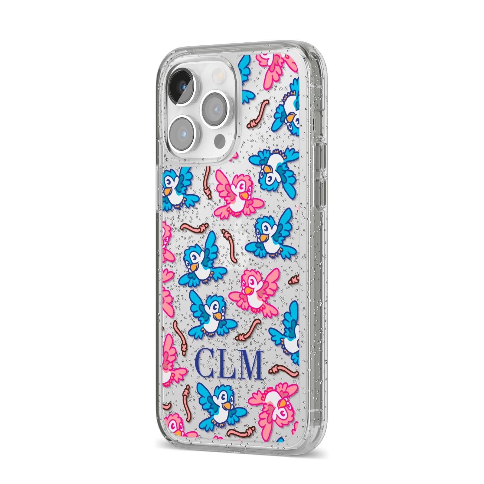 Personalised Birds Initials Clear iPhone 14 Pro Max Glitter Tough Case Silver Angled Image