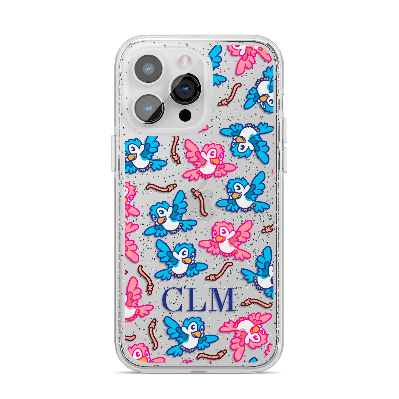 Personalised Birds Initials Clear iPhone 14 Pro Max Glitter Tough Case Silver