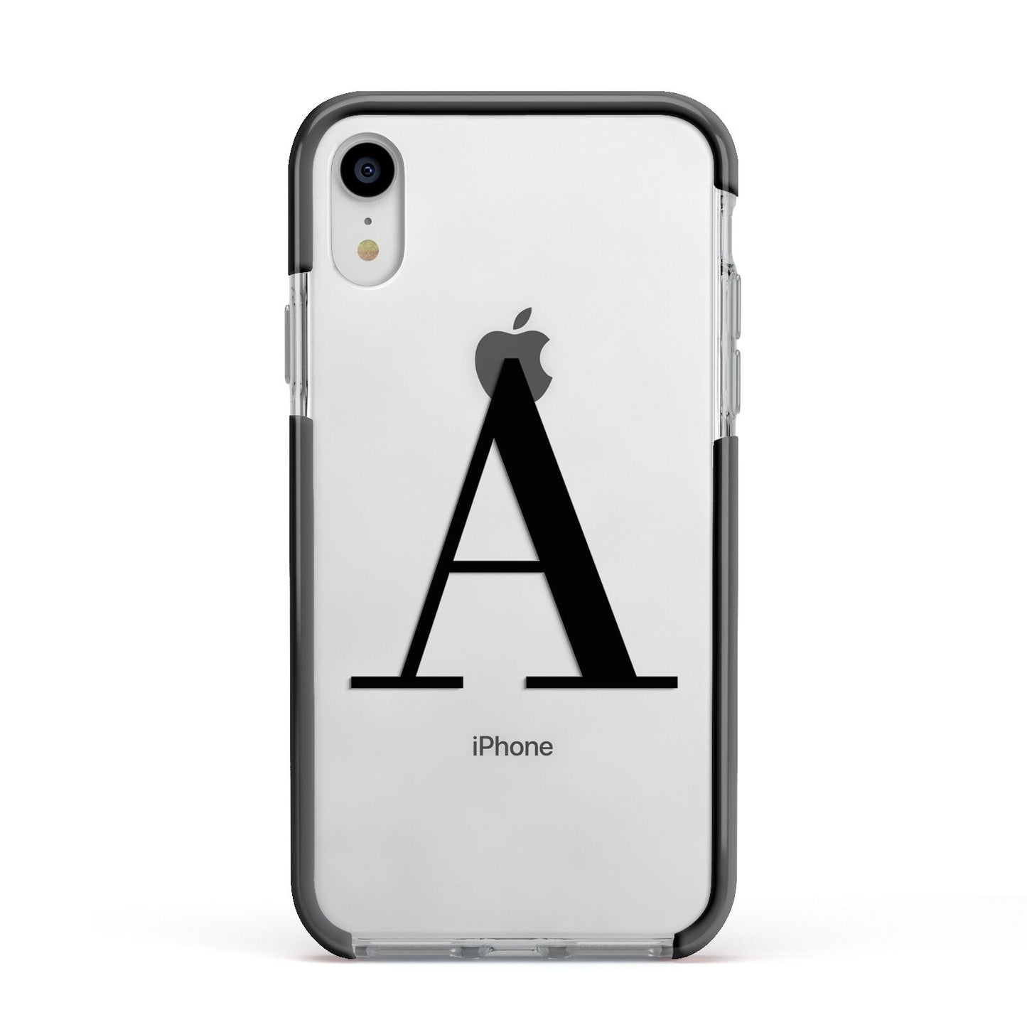 Personalised Black Big Initial Clear Custom Apple iPhone XR Impact Case Black Edge on Silver Phone