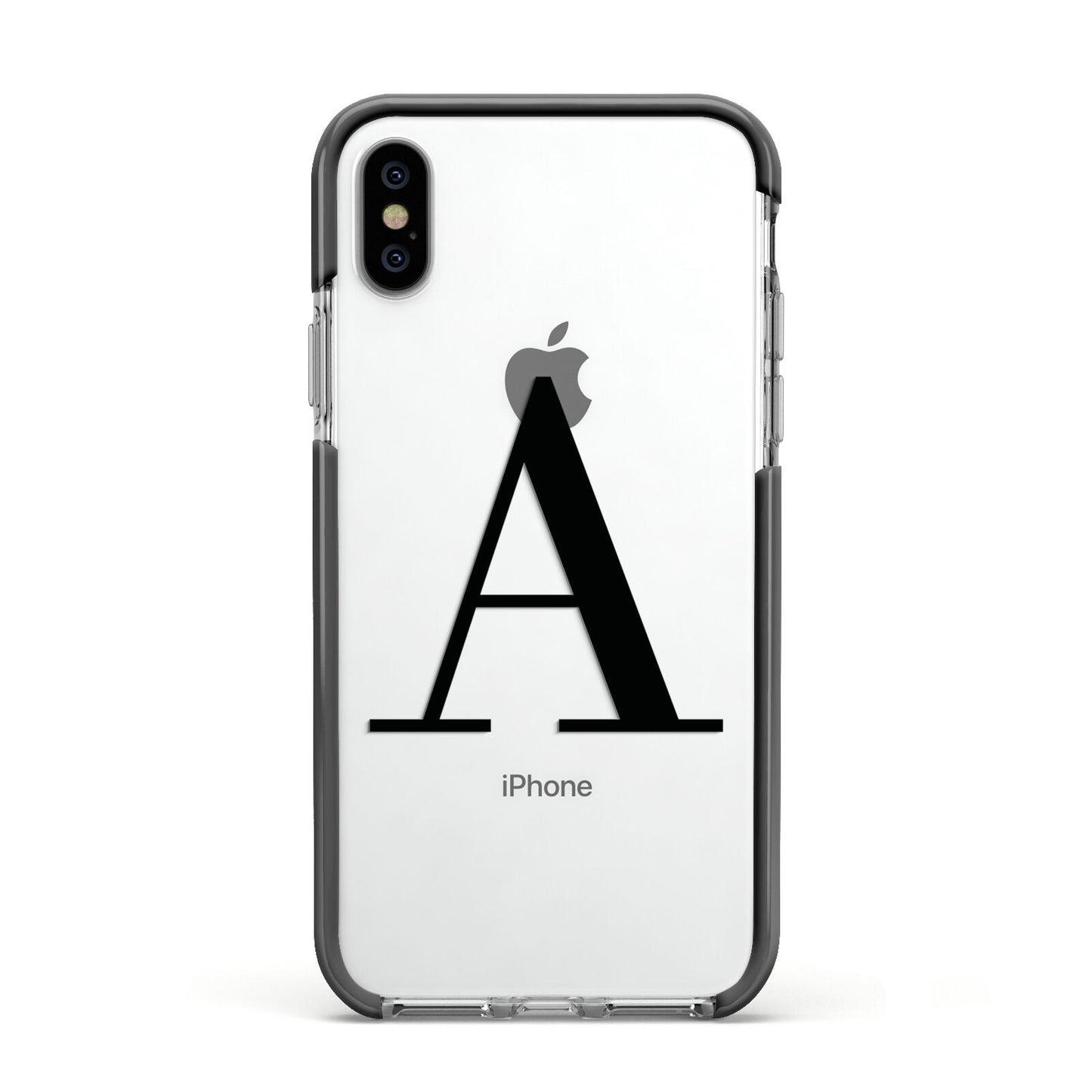 Personalised Black Big Initial Clear Custom Apple iPhone Xs Impact Case Black Edge on Silver Phone