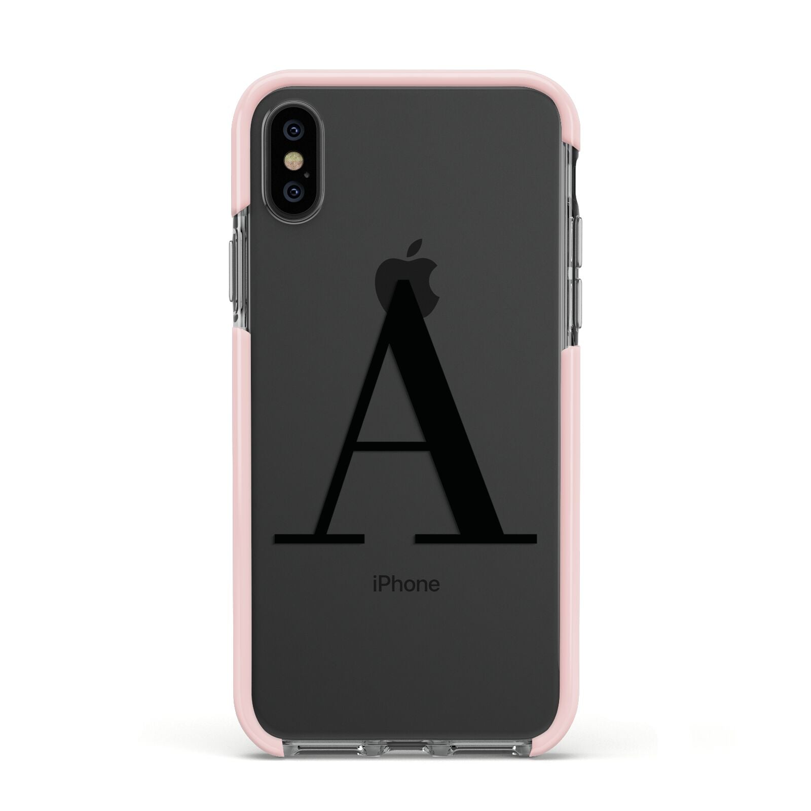 Personalised Black Big Initial Clear Custom Apple iPhone Xs Impact Case Pink Edge on Black Phone