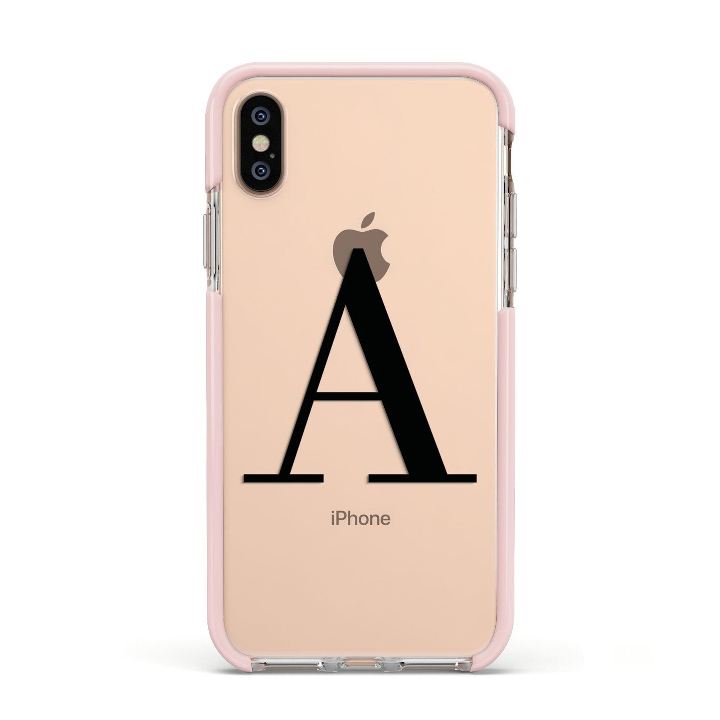 Personalised Black Big Initial Clear Custom Apple iPhone Xs Impact Case Pink Edge on Gold Phone