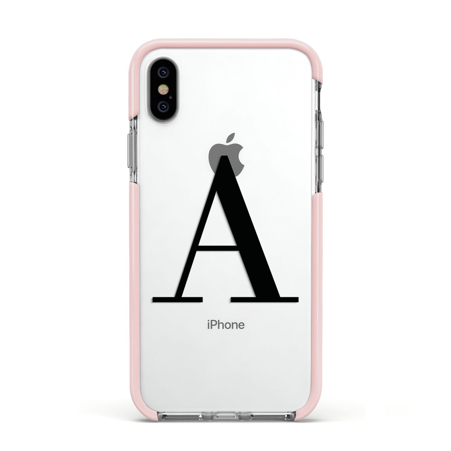 Personalised Black Big Initial Clear Custom Apple iPhone Xs Impact Case Pink Edge on Silver Phone