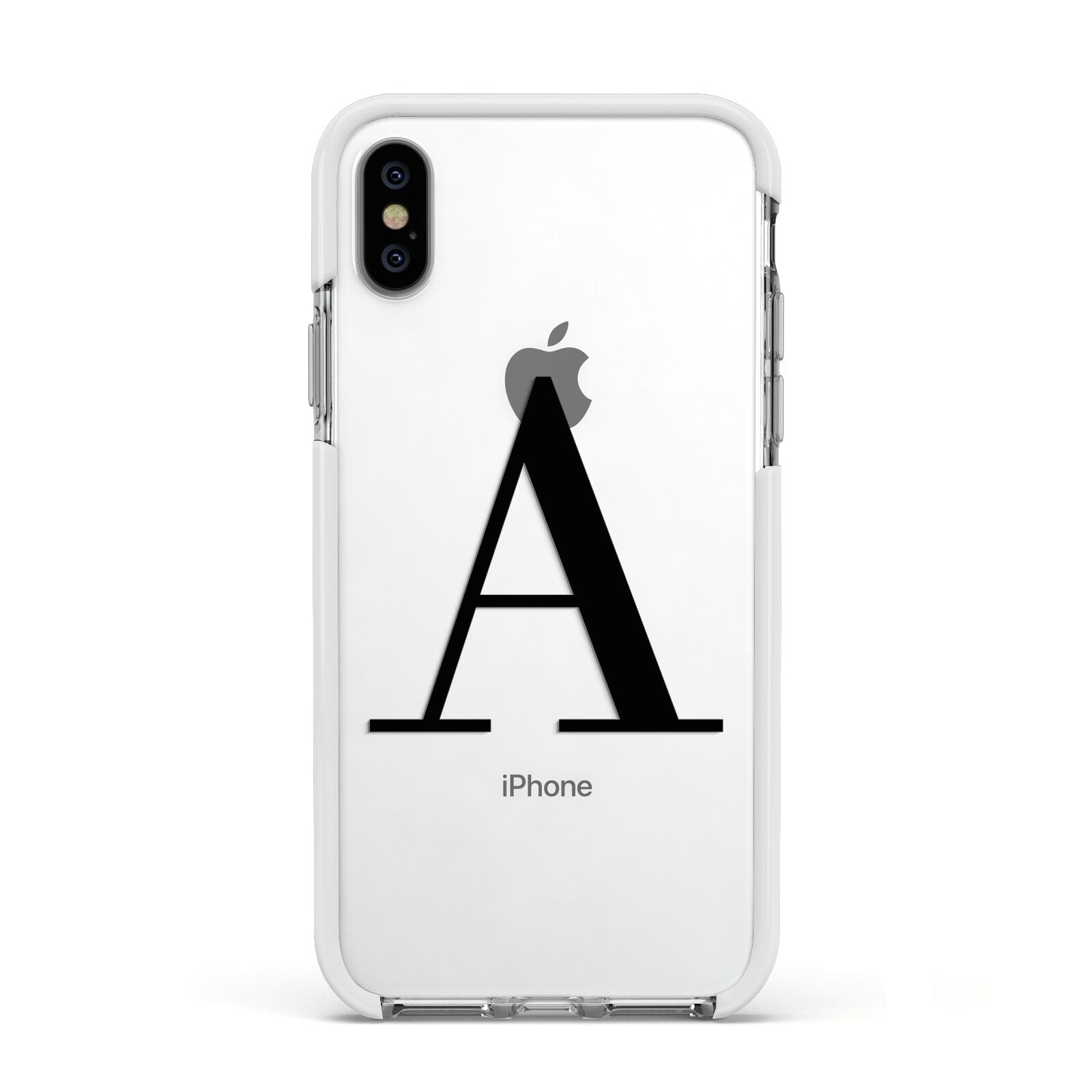 Personalised Black Big Initial Clear Custom Apple iPhone Xs Impact Case White Edge on Silver Phone