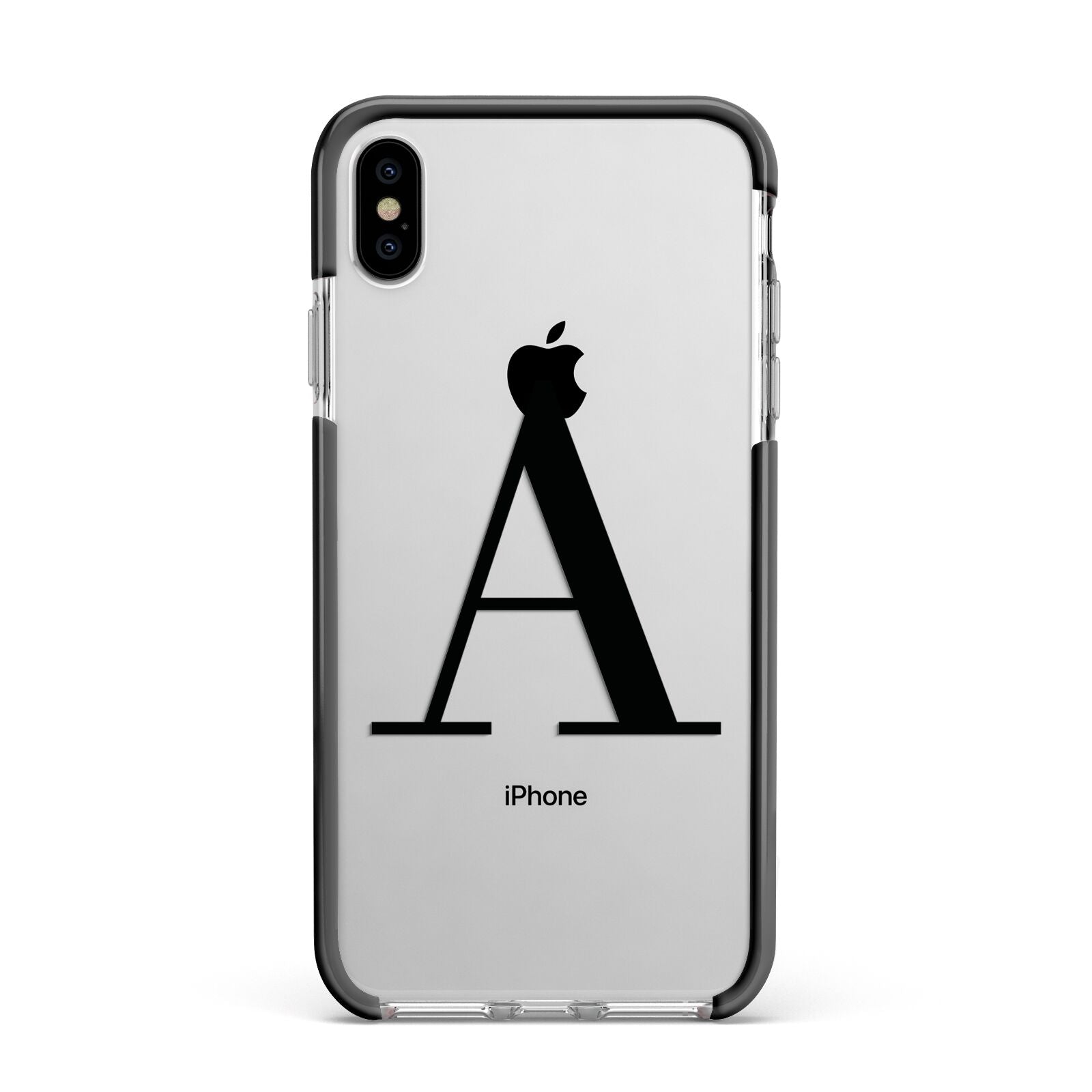 Personalised Black Big Initial Clear Custom Apple iPhone Xs Max Impact Case Black Edge on Silver Phone