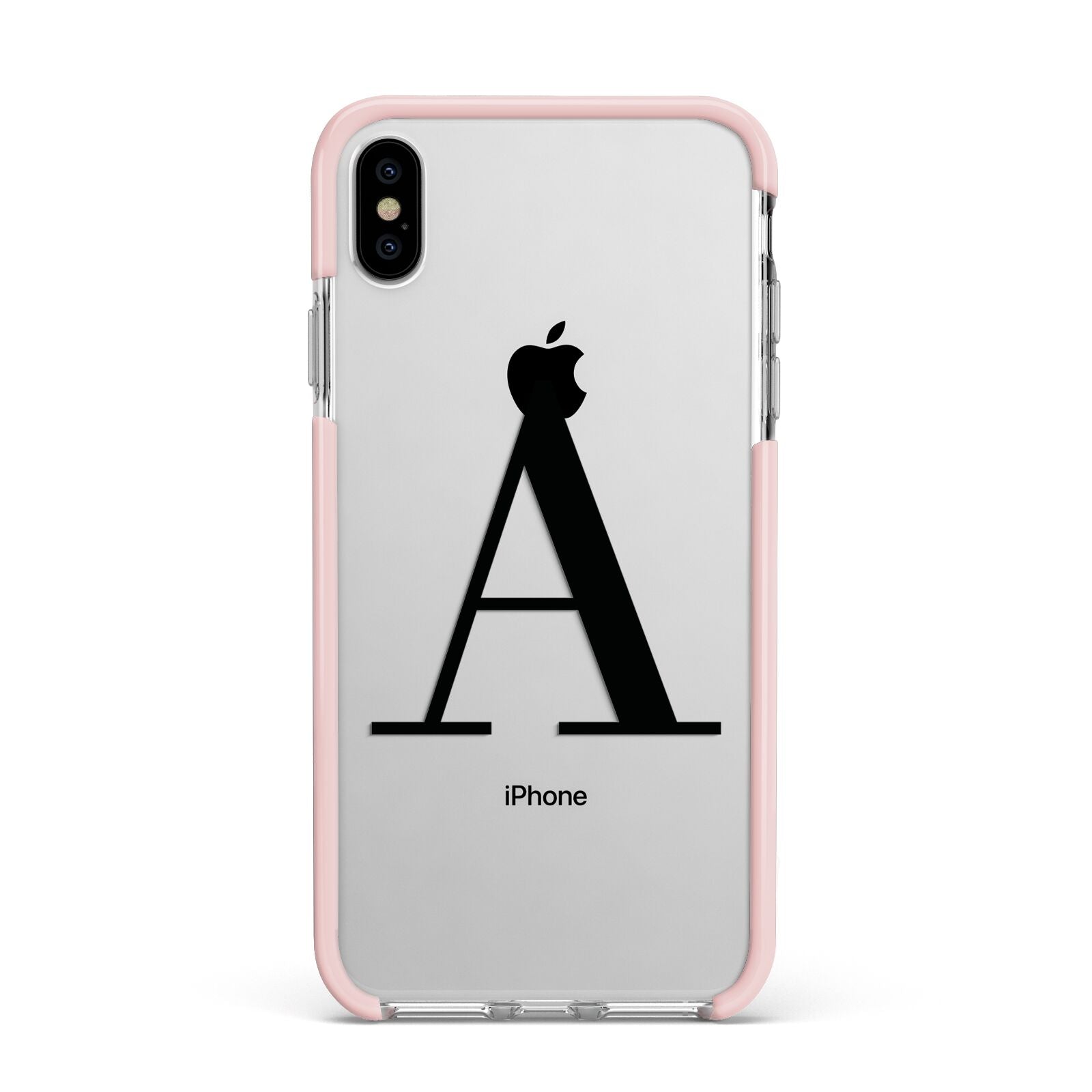 Personalised Black Big Initial Clear Custom Apple iPhone Xs Max Impact Case Pink Edge on Silver Phone