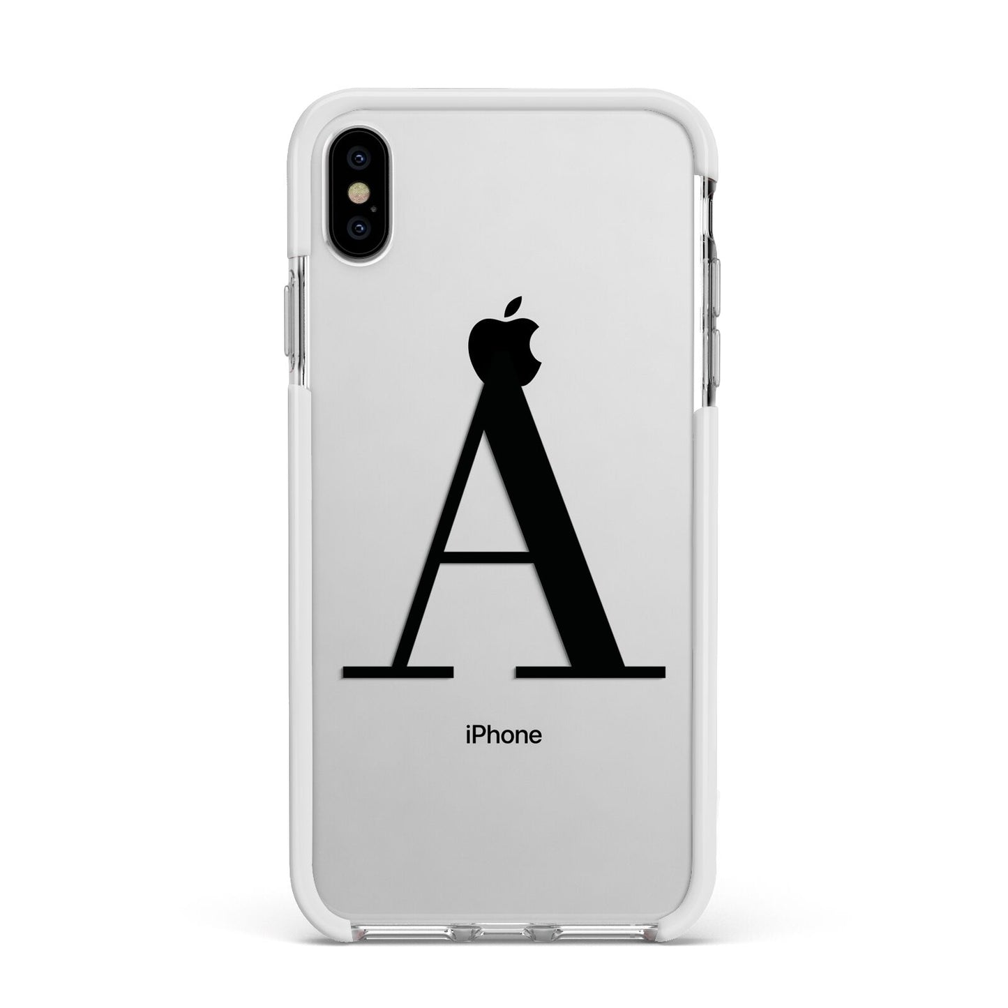 Personalised Black Big Initial Clear Custom Apple iPhone Xs Max Impact Case White Edge on Silver Phone