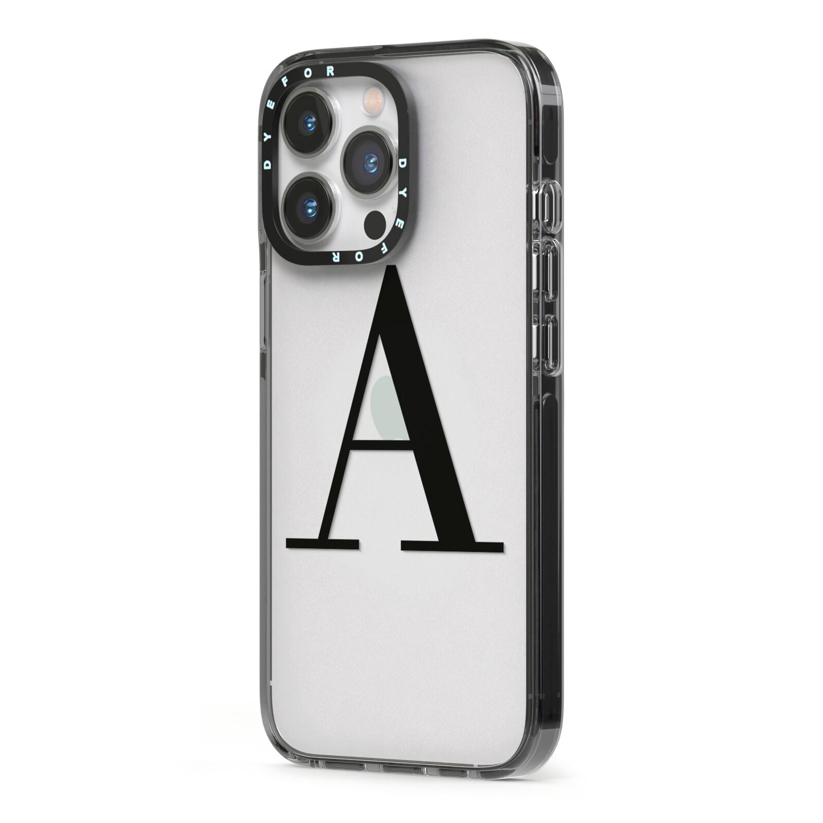 Personalised Black Big Initial Clear Custom iPhone 13 Pro Black Impact Case Side Angle on Silver phone