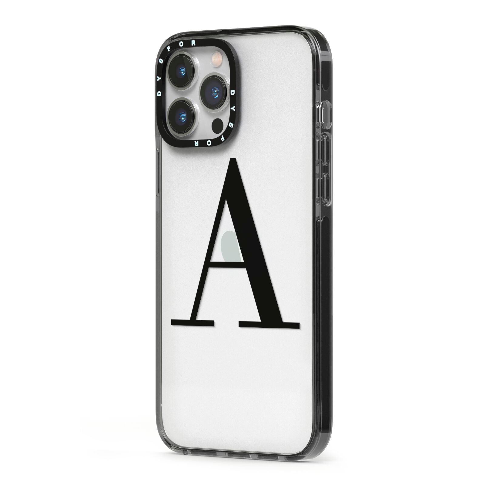 Personalised Black Big Initial Clear Custom iPhone 13 Pro Max Black Impact Case Side Angle on Silver phone