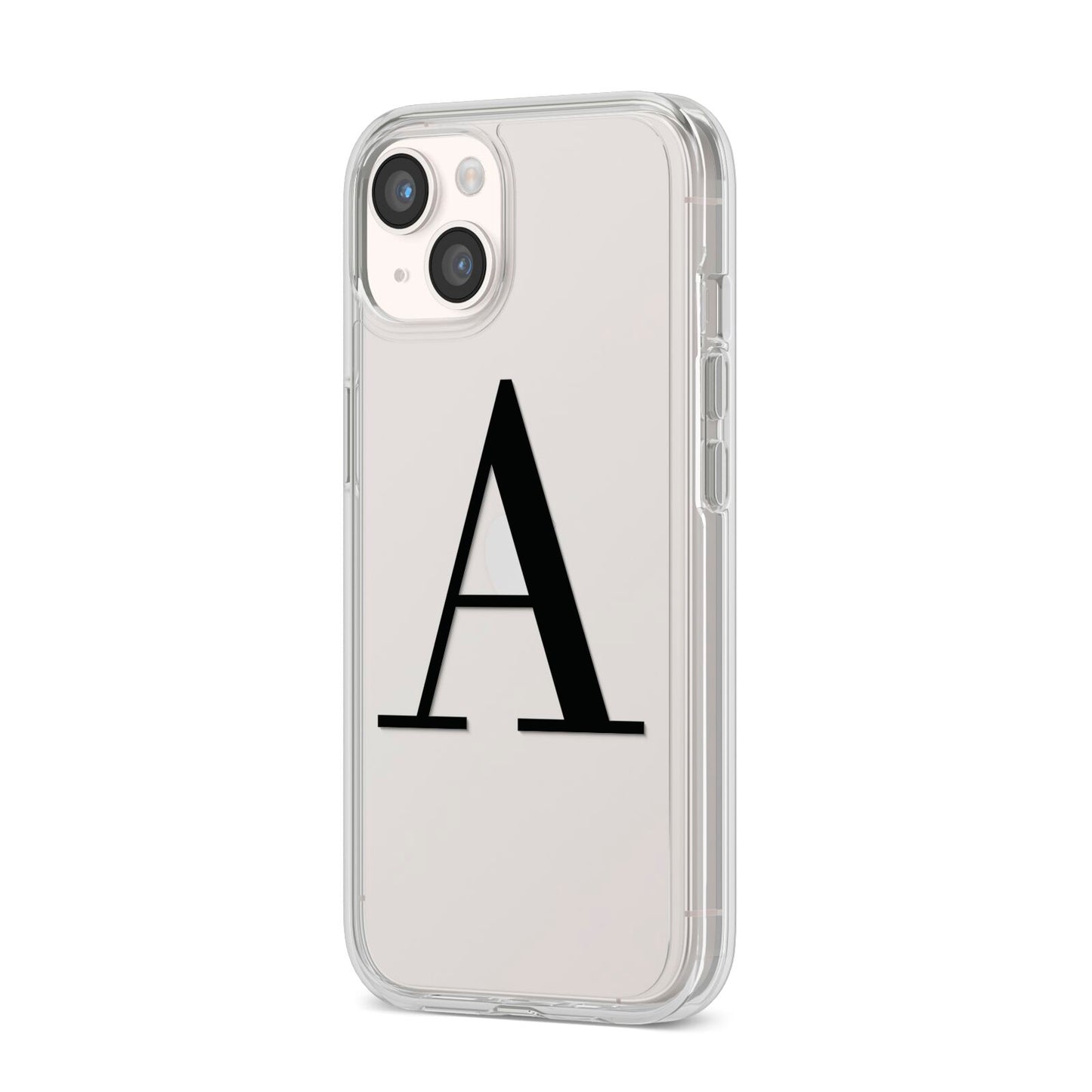 Personalised Black Big Initial Clear Custom iPhone 14 Clear Tough Case Starlight Angled Image