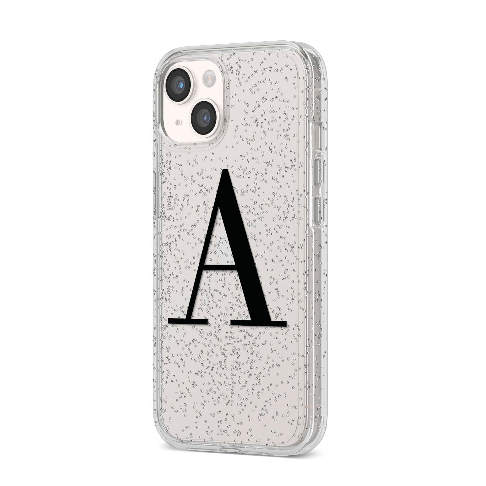 Personalised Black Big Initial Clear Custom iPhone 14 Glitter Tough Case Starlight Angled Image