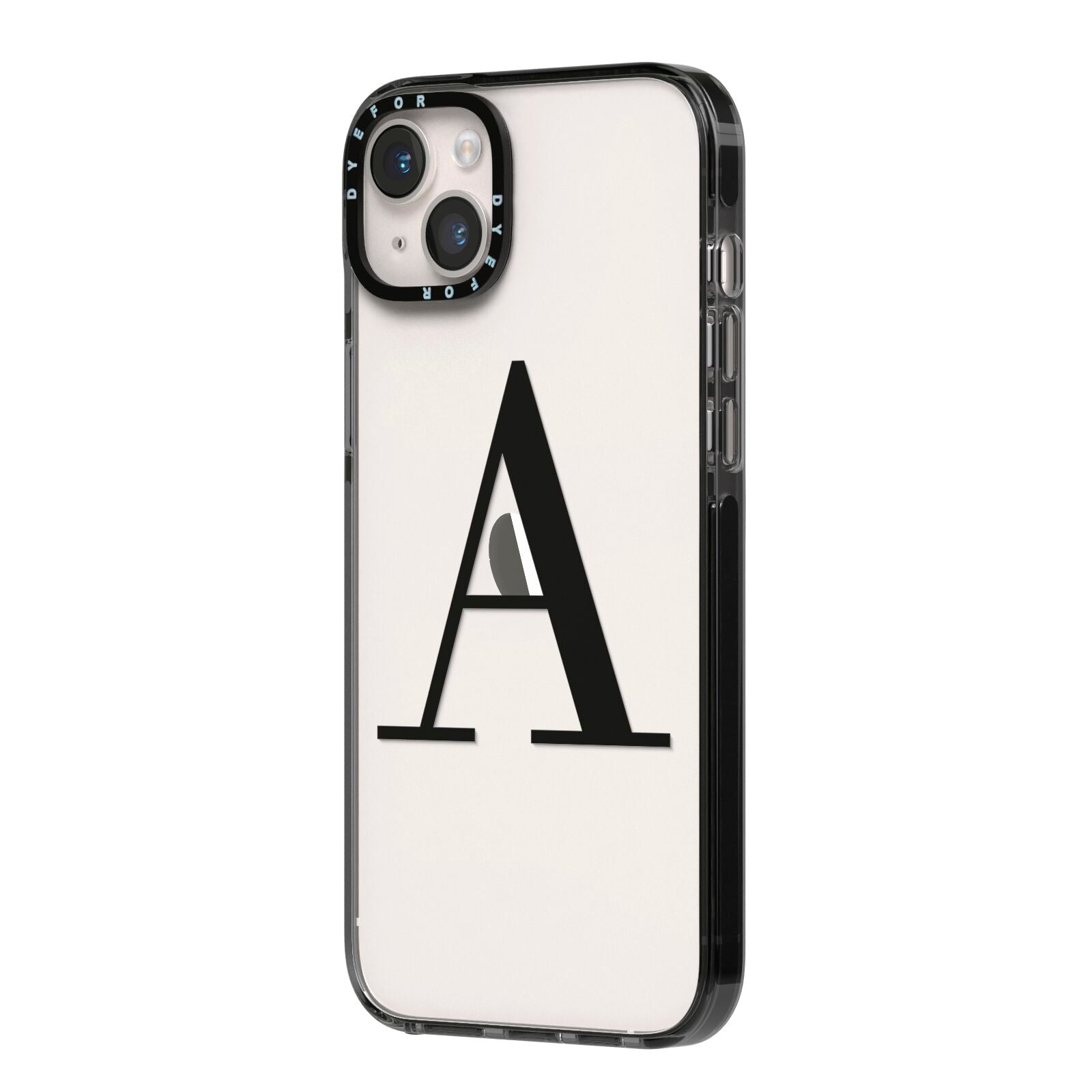 Personalised Black Big Initial Clear Custom iPhone 14 Plus Black Impact Case Side Angle on Silver phone