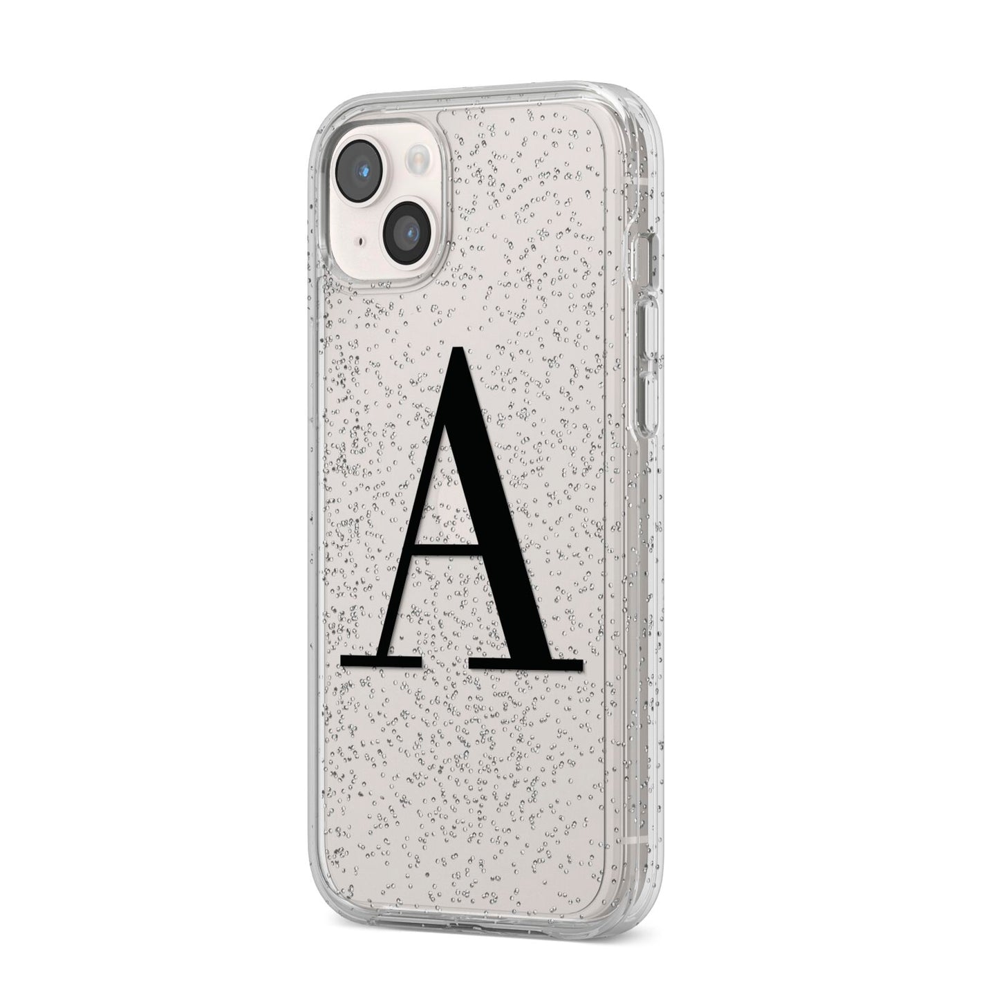 Personalised Black Big Initial Clear Custom iPhone 14 Plus Glitter Tough Case Starlight Angled Image