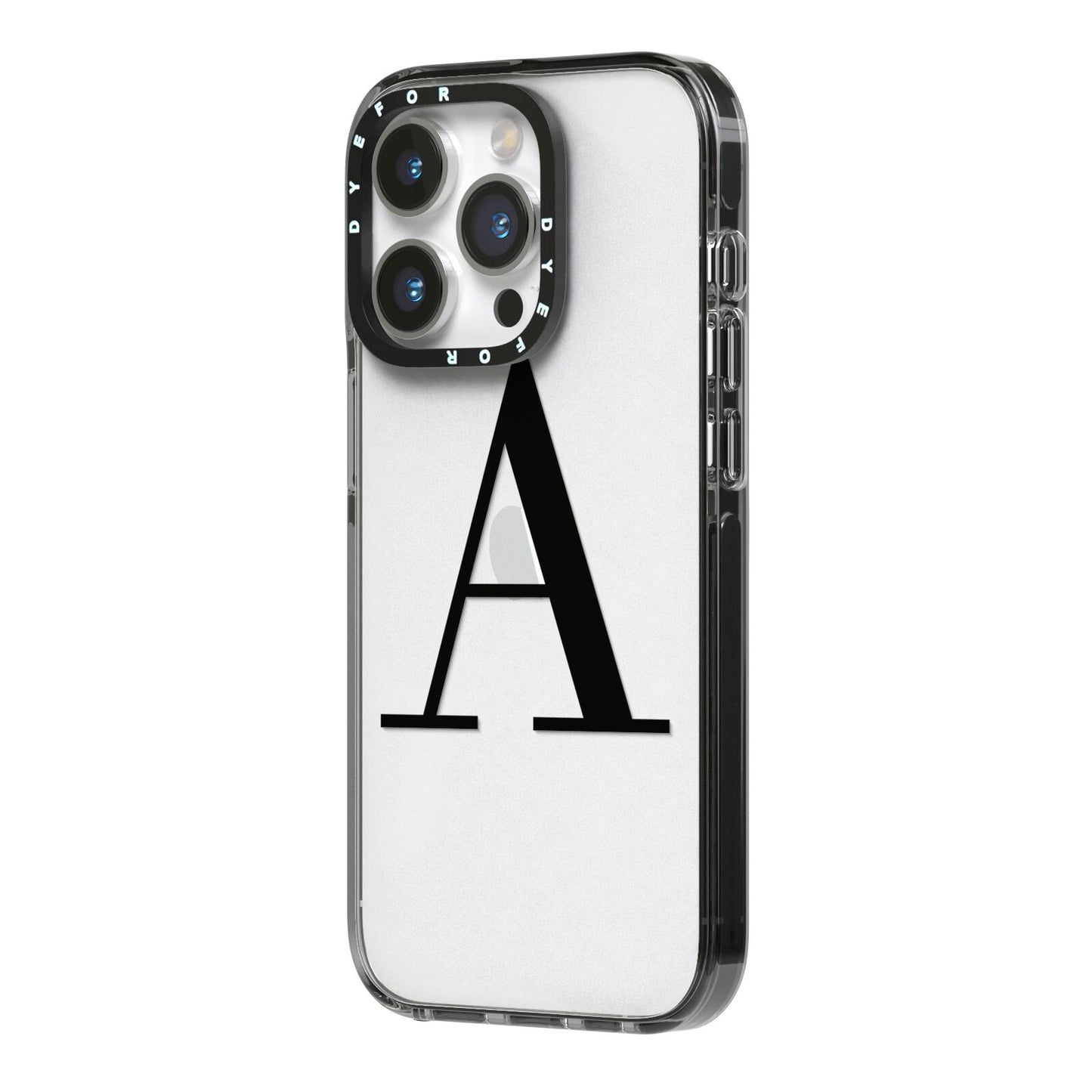 Personalised Black Big Initial Clear Custom iPhone 14 Pro Black Impact Case Side Angle on Silver phone