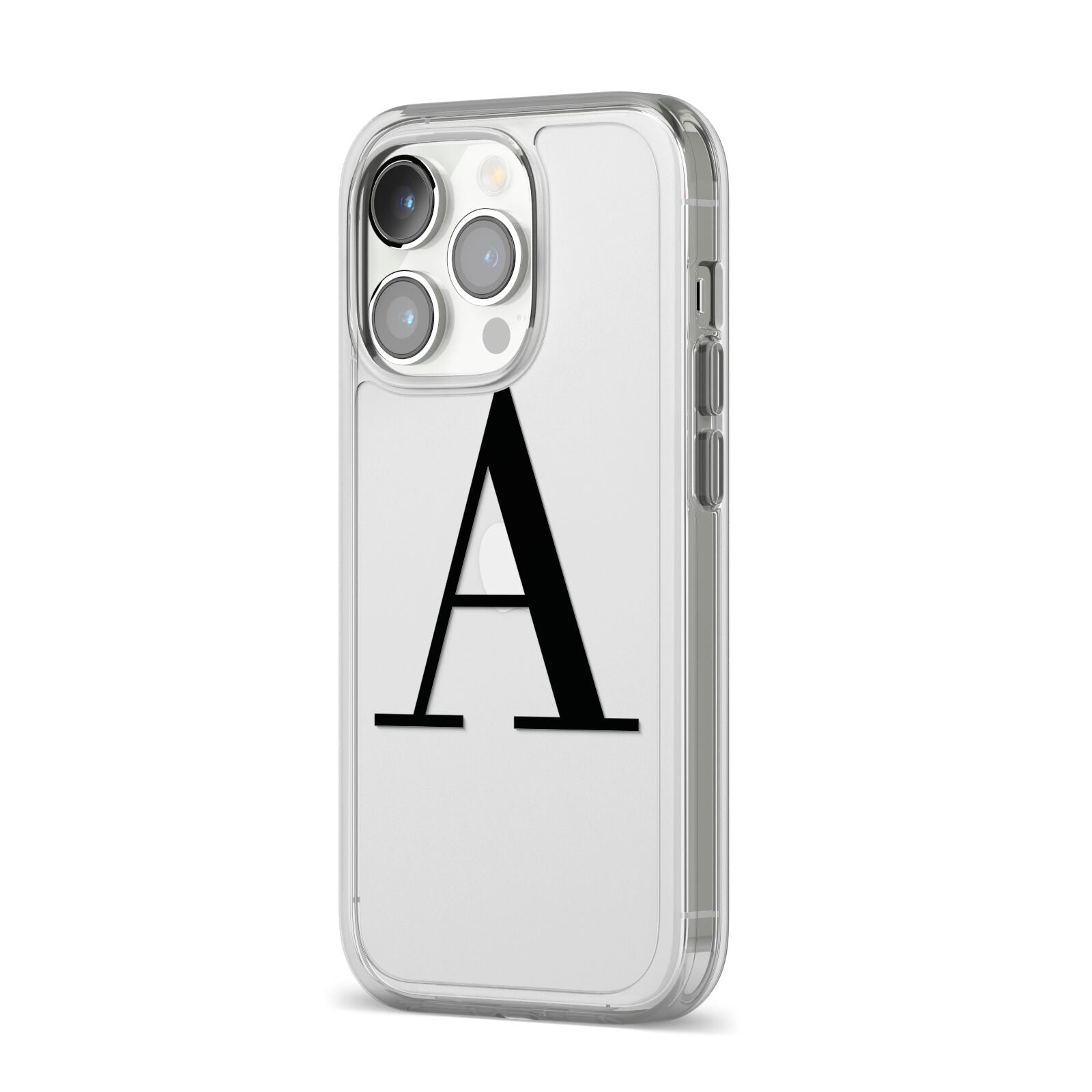 Personalised Black Big Initial Clear Custom iPhone 14 Pro Clear Tough Case Silver Angled Image