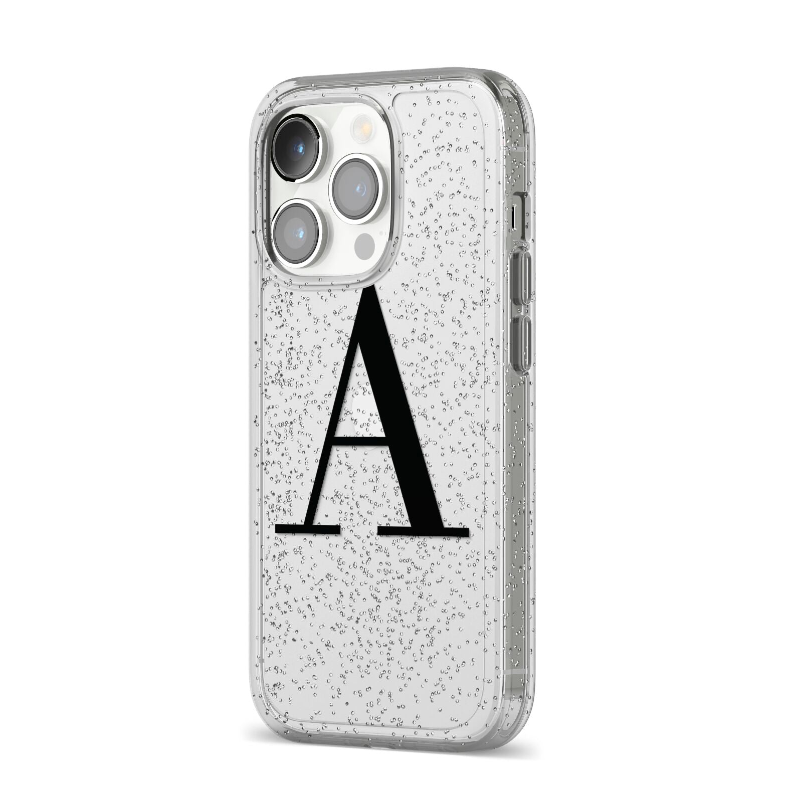 Personalised Black Big Initial Clear Custom iPhone 14 Pro Glitter Tough Case Silver Angled Image