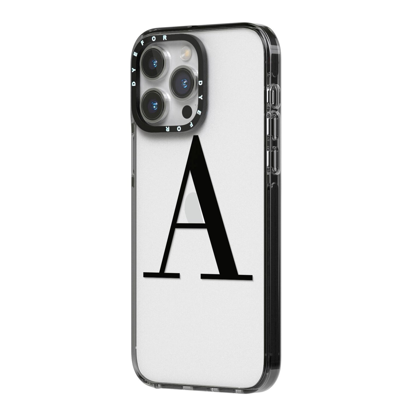 Personalised Black Big Initial Clear Custom iPhone 14 Pro Max Black Impact Case Side Angle on Silver phone