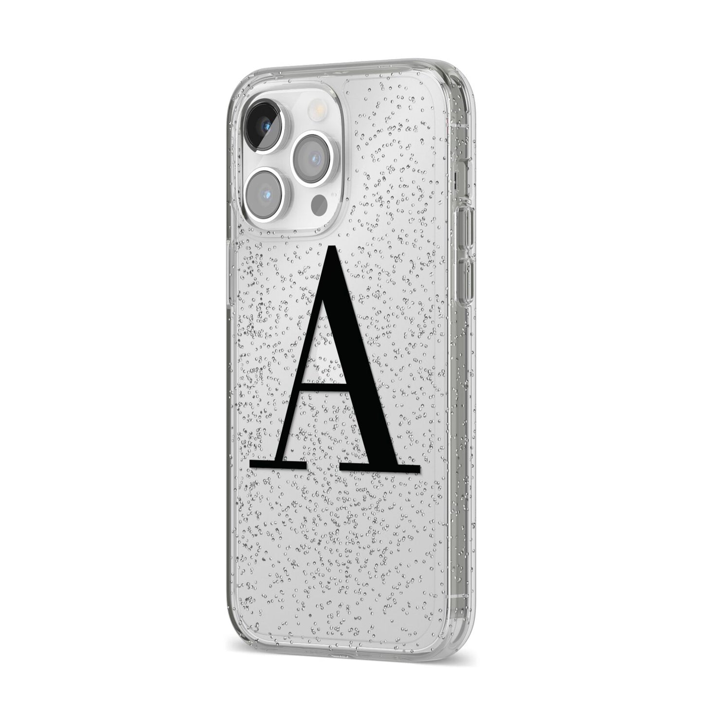 Personalised Black Big Initial Clear Custom iPhone 14 Pro Max Glitter Tough Case Silver Angled Image