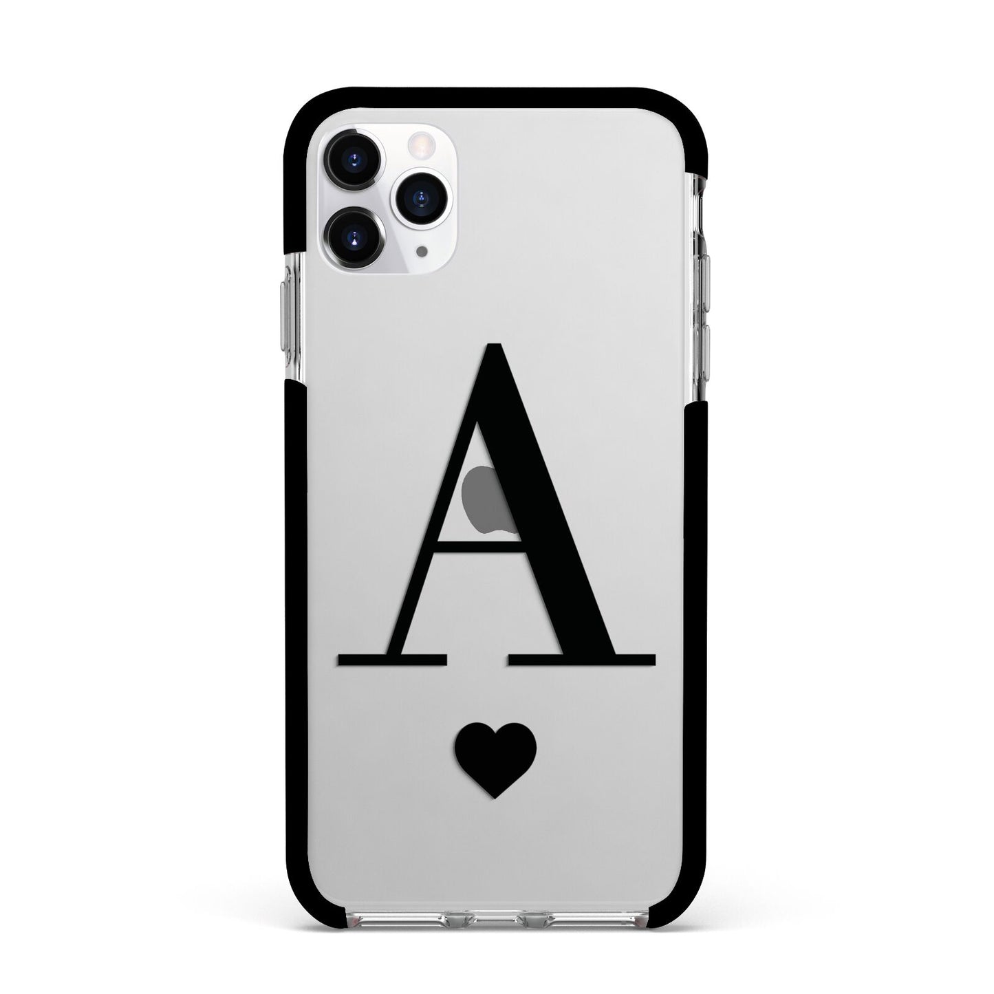 Personalised Black Big Initial Heart Clear Apple iPhone 11 Pro Max in Silver with Black Impact Case