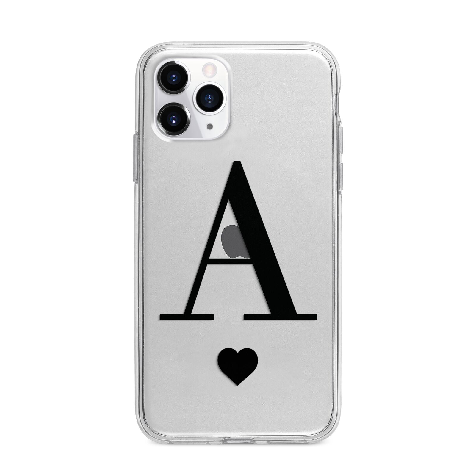 Personalised Black Big Initial Heart Clear Apple iPhone 11 Pro Max in Silver with Bumper Case