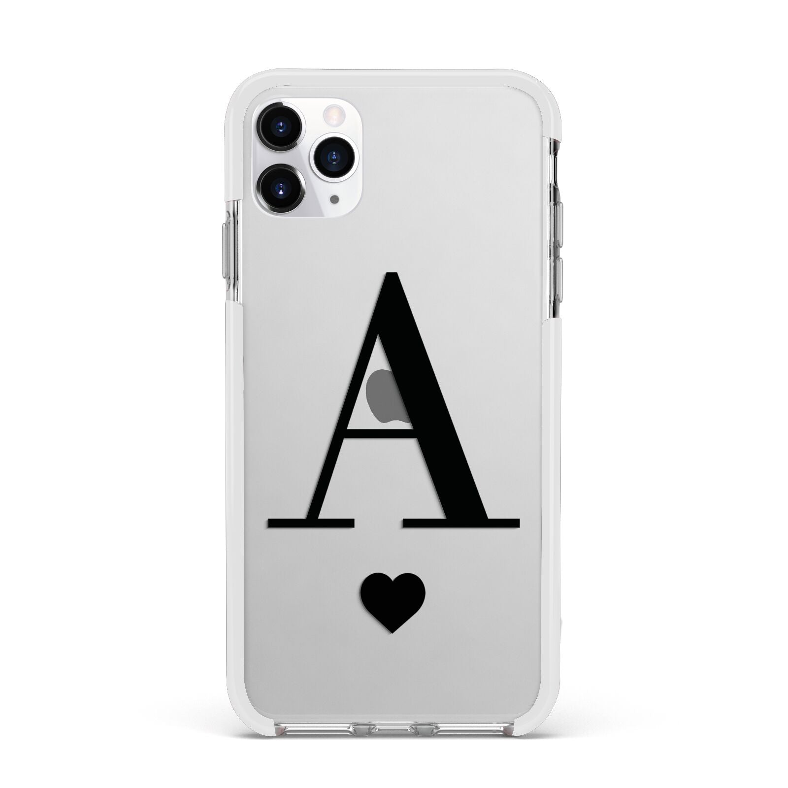 Personalised Black Big Initial Heart Clear Apple iPhone 11 Pro Max in Silver with White Impact Case