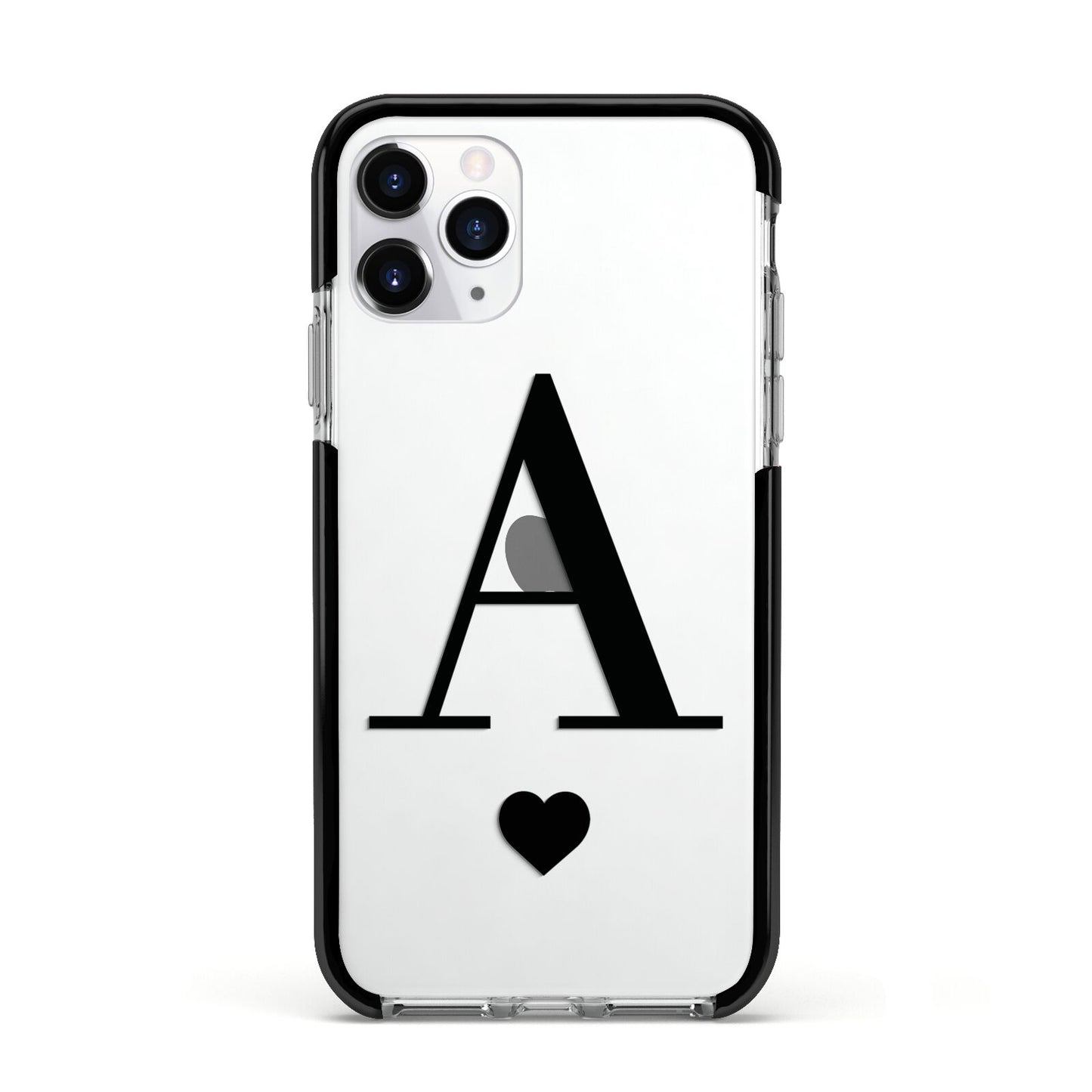 Personalised Black Big Initial Heart Clear Apple iPhone 11 Pro in Silver with Black Impact Case