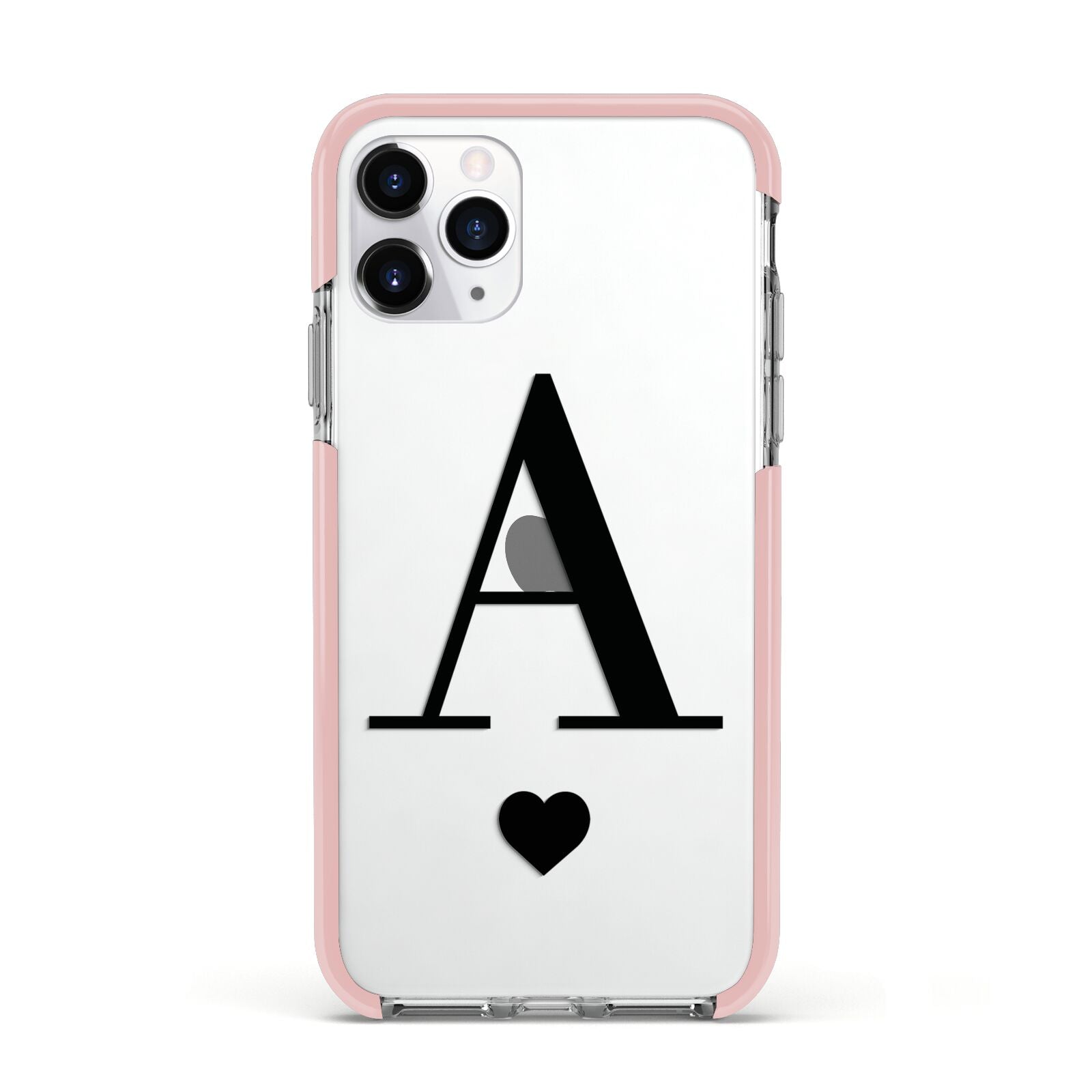 Personalised Black Big Initial Heart Clear Apple iPhone 11 Pro in Silver with Pink Impact Case