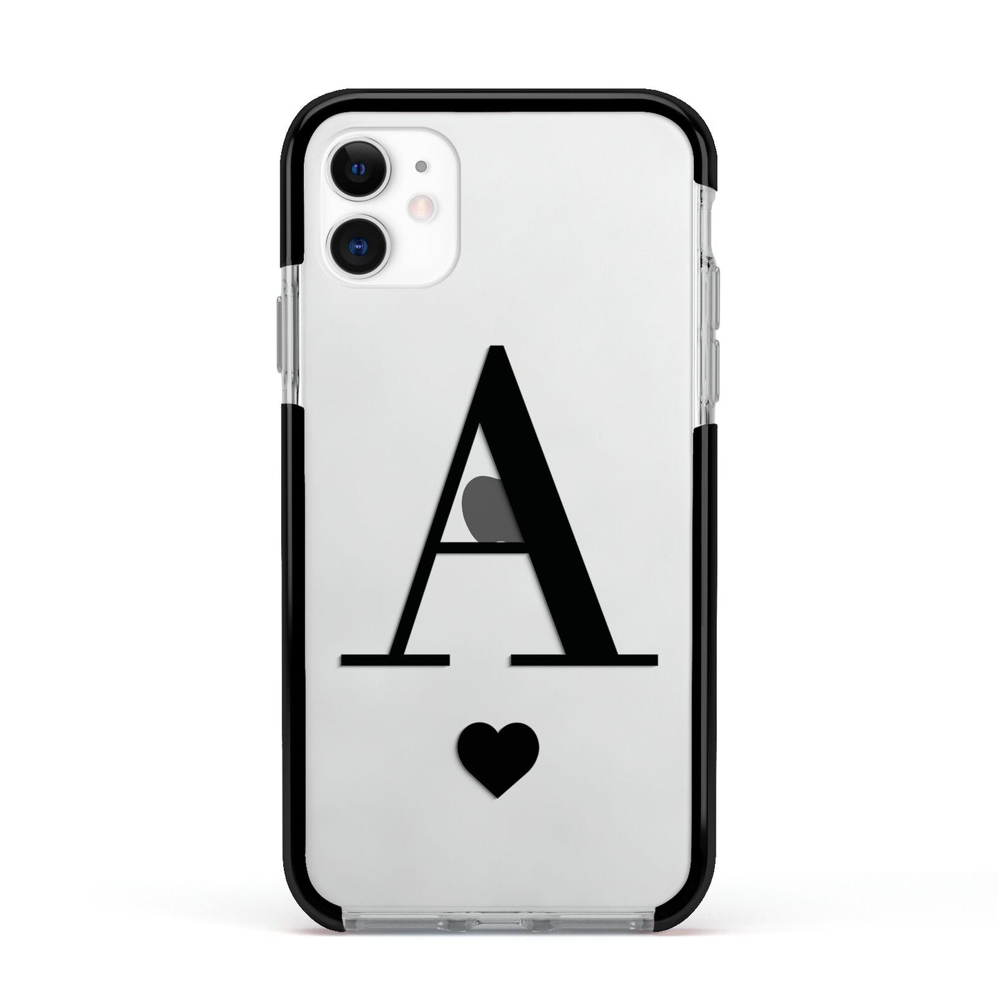 Personalised Black Big Initial Heart Clear Apple iPhone 11 in White with Black Impact Case