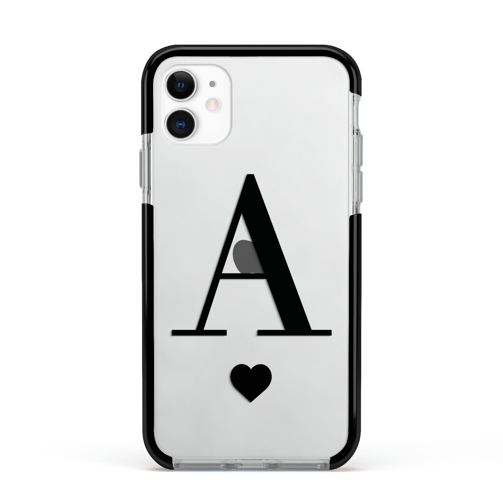 Personalised Black Big Initial Heart Clear Apple iPhone 11 in White with Black Impact Case