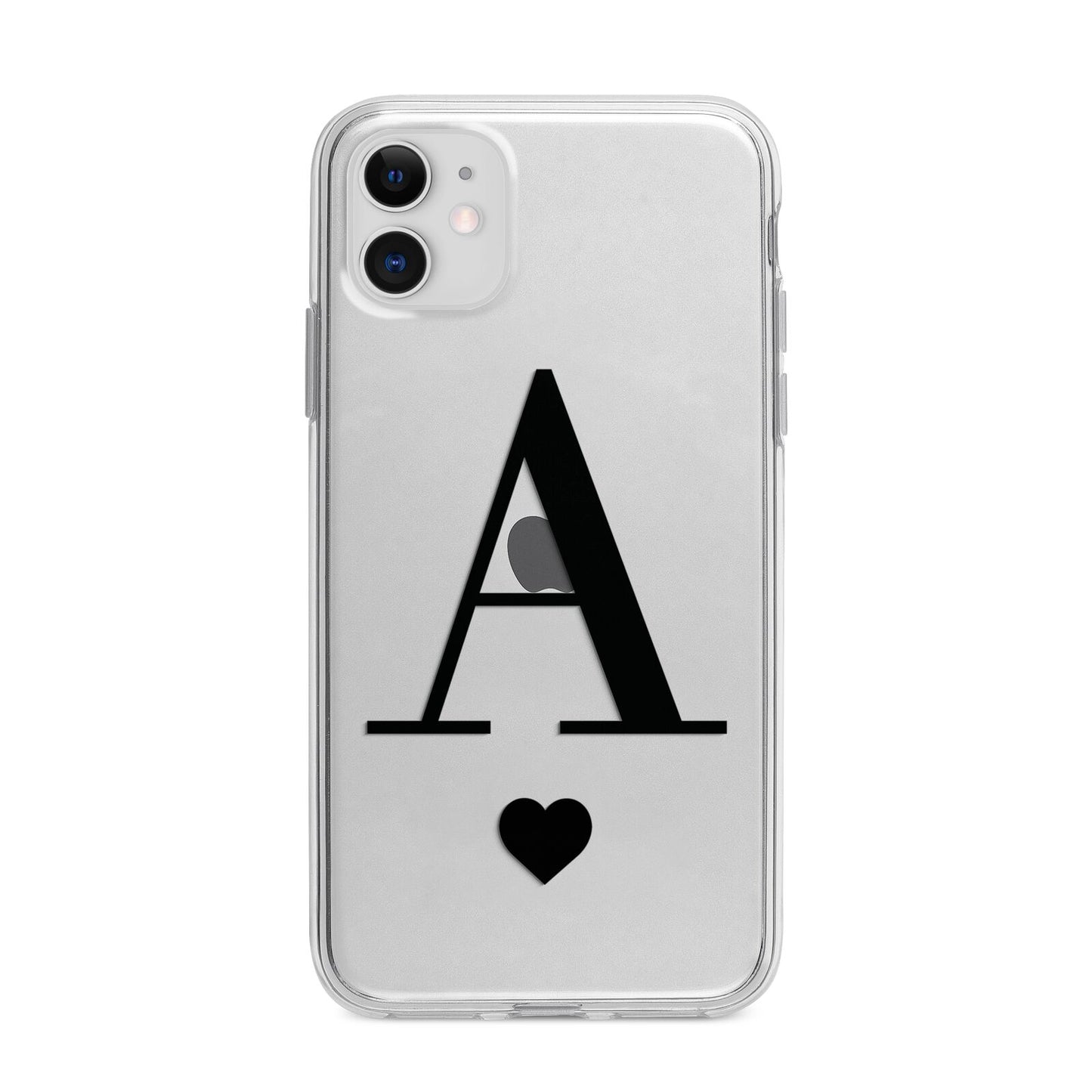 Personalised Black Big Initial Heart Clear Apple iPhone 11 in White with Bumper Case