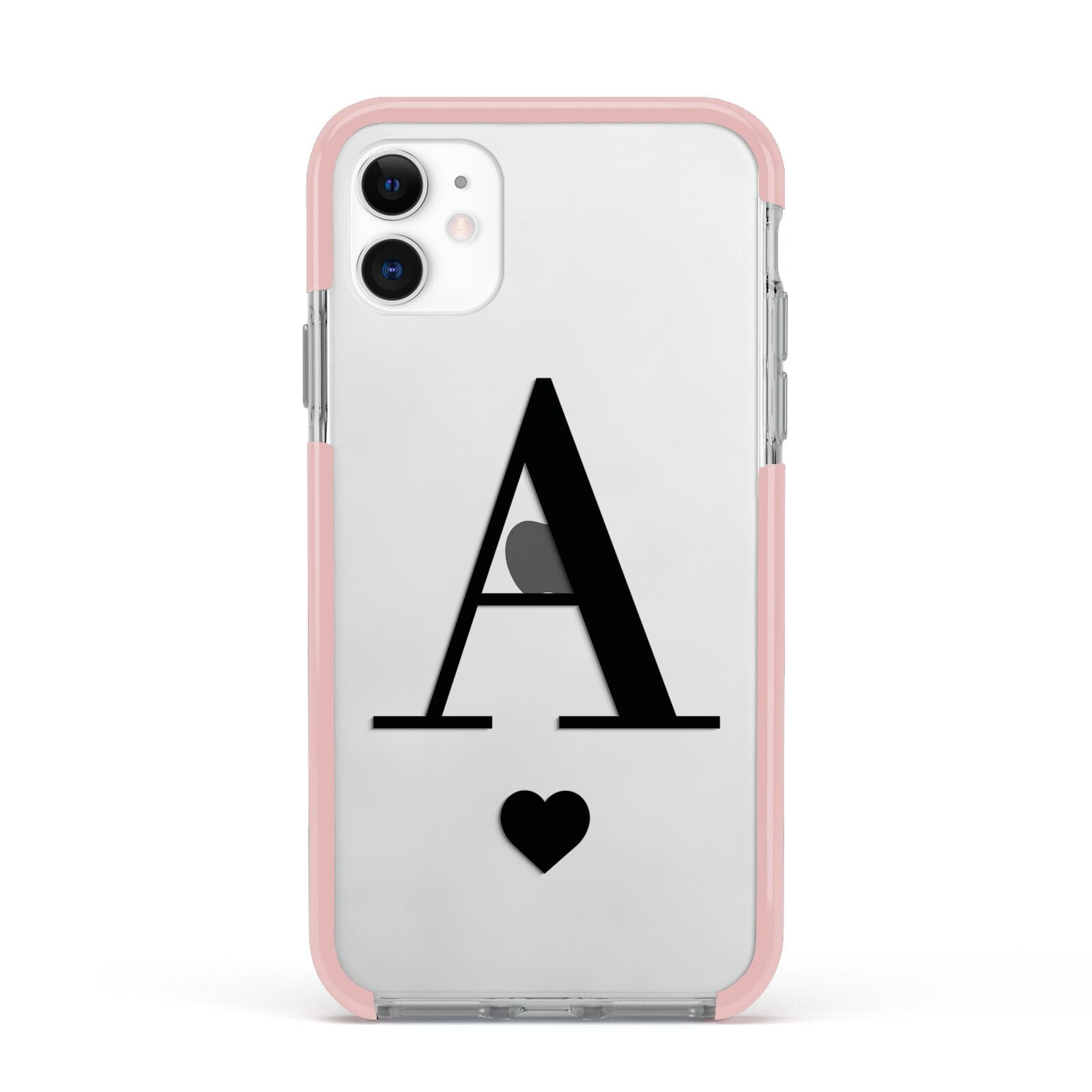 Personalised Black Big Initial Heart Clear Apple iPhone 11 in White with Pink Impact Case