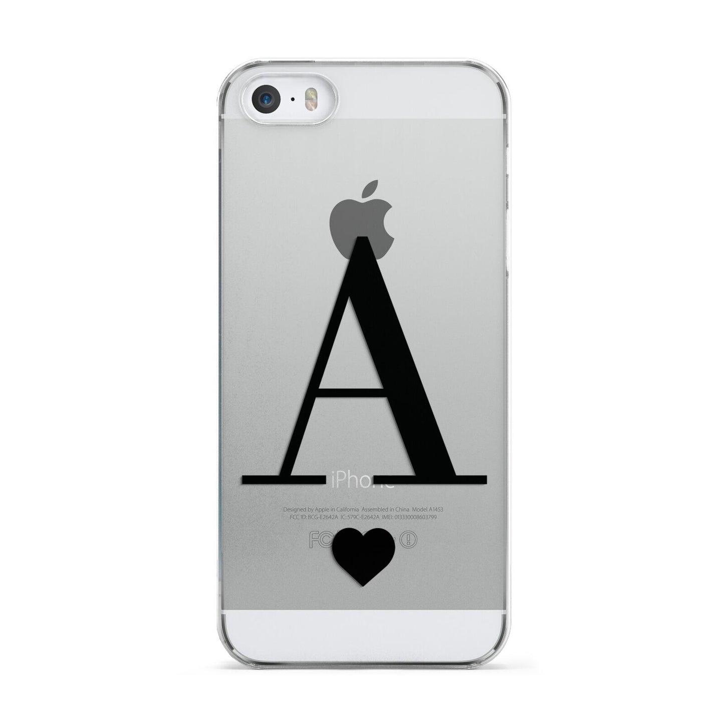 Personalised Black Big Initial Heart Clear Apple iPhone 5 Case