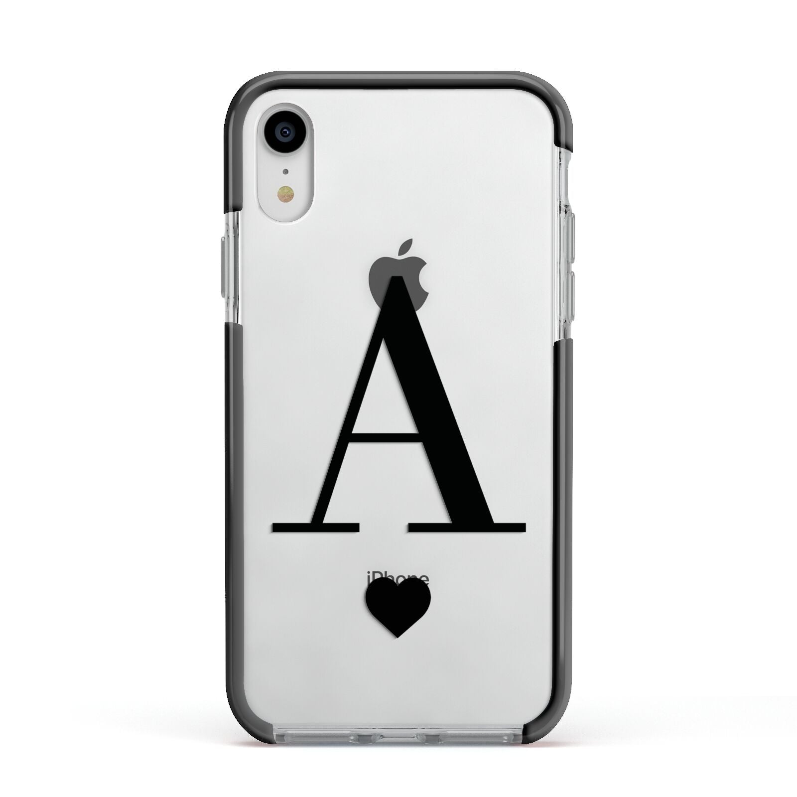 Personalised Black Big Initial Heart Clear Apple iPhone XR Impact Case Black Edge on Silver Phone