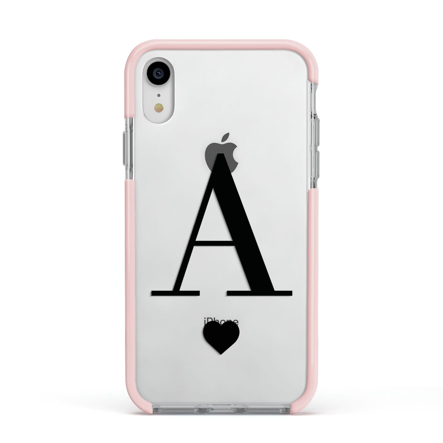 Personalised Black Big Initial Heart Clear Apple iPhone XR Impact Case Pink Edge on Silver Phone