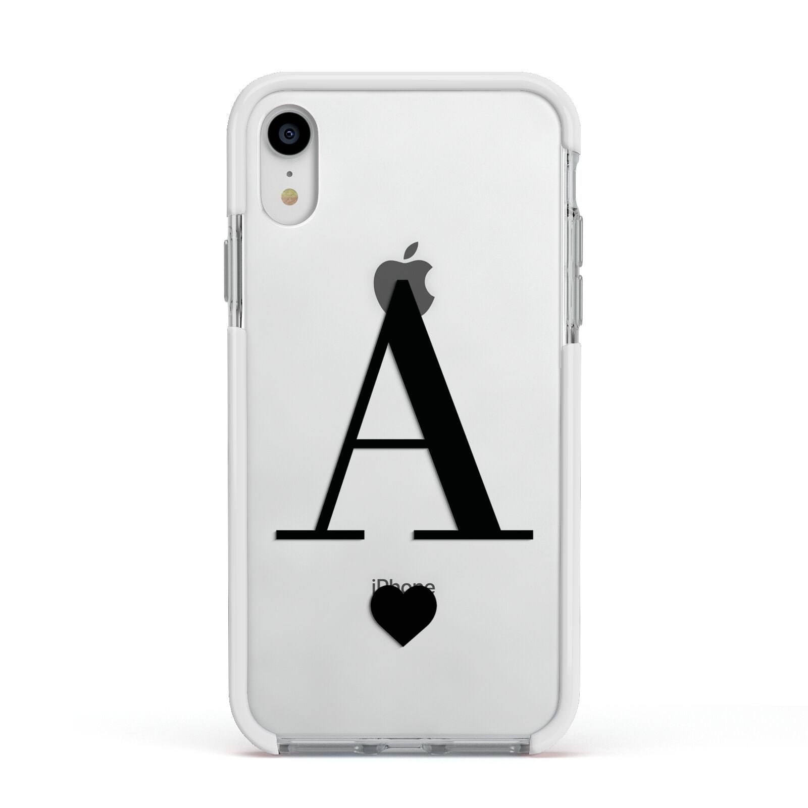 Personalised Black Big Initial Heart Clear Apple iPhone XR Impact Case White Edge on Silver Phone