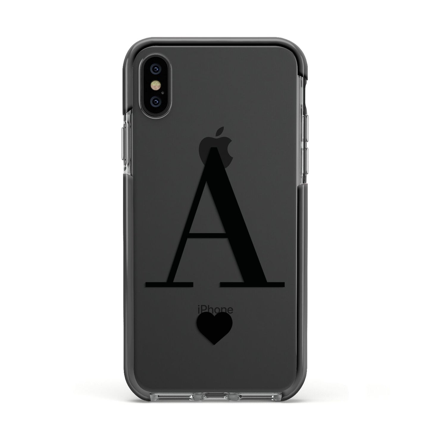 Personalised Black Big Initial Heart Clear Apple iPhone Xs Impact Case Black Edge on Black Phone