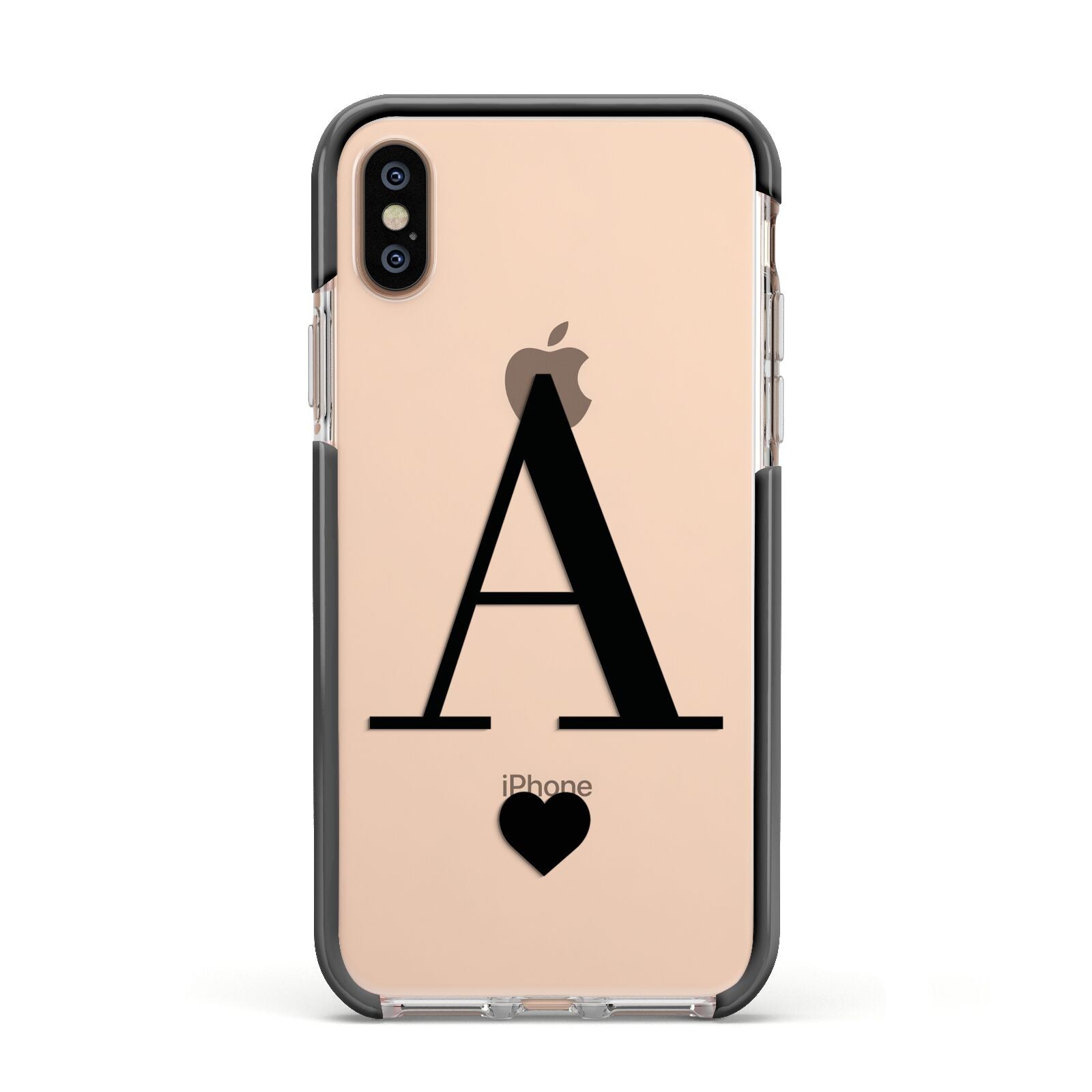 Personalised Black Big Initial Heart Clear Apple iPhone Xs Impact Case Black Edge on Gold Phone