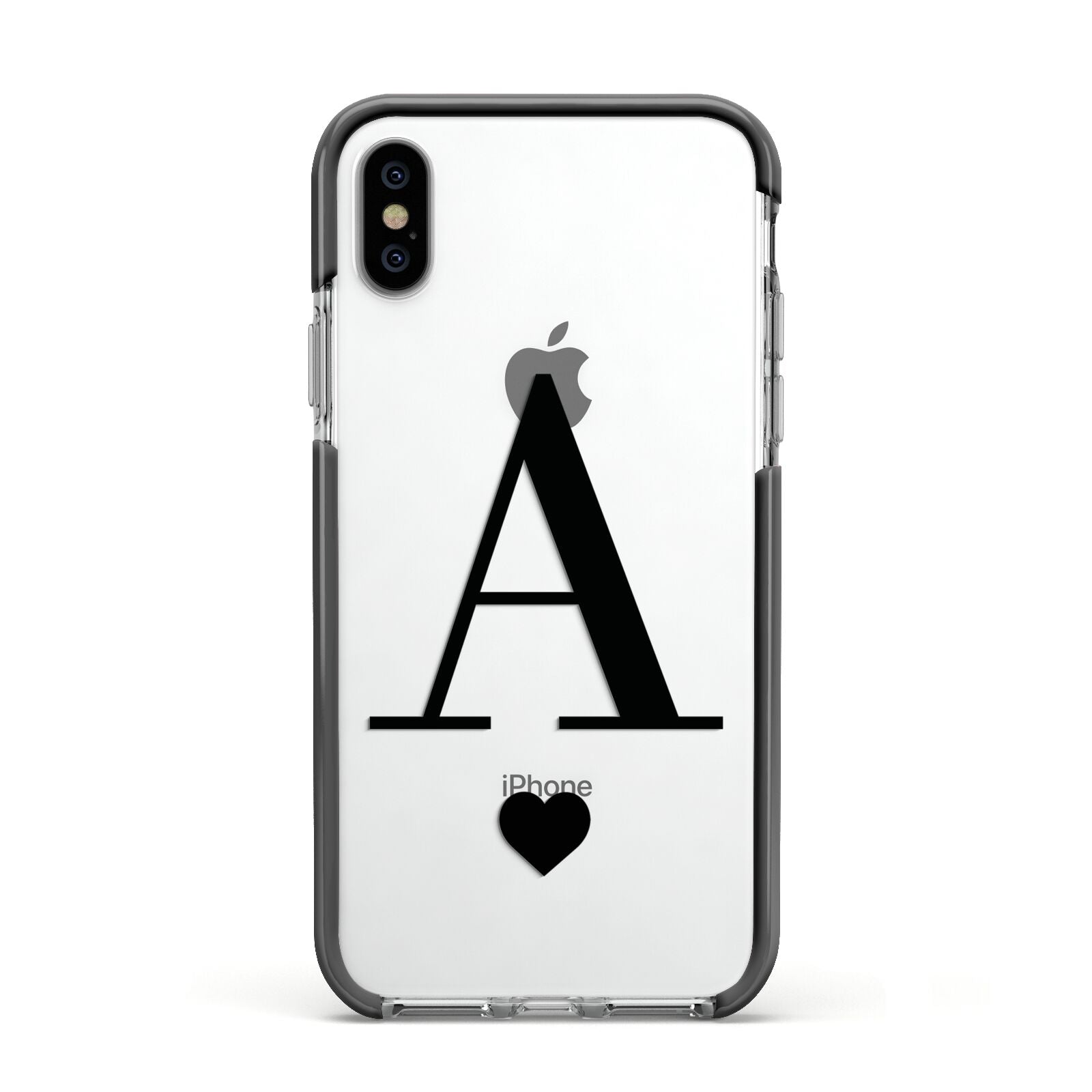 Personalised Black Big Initial Heart Clear Apple iPhone Xs Impact Case Black Edge on Silver Phone