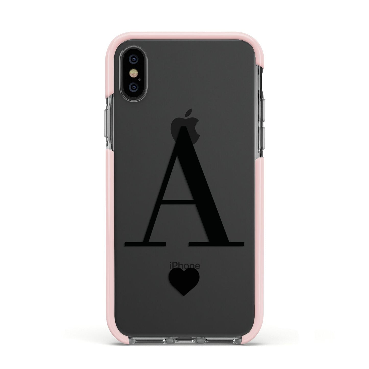 Personalised Black Big Initial Heart Clear Apple iPhone Xs Impact Case Pink Edge on Black Phone