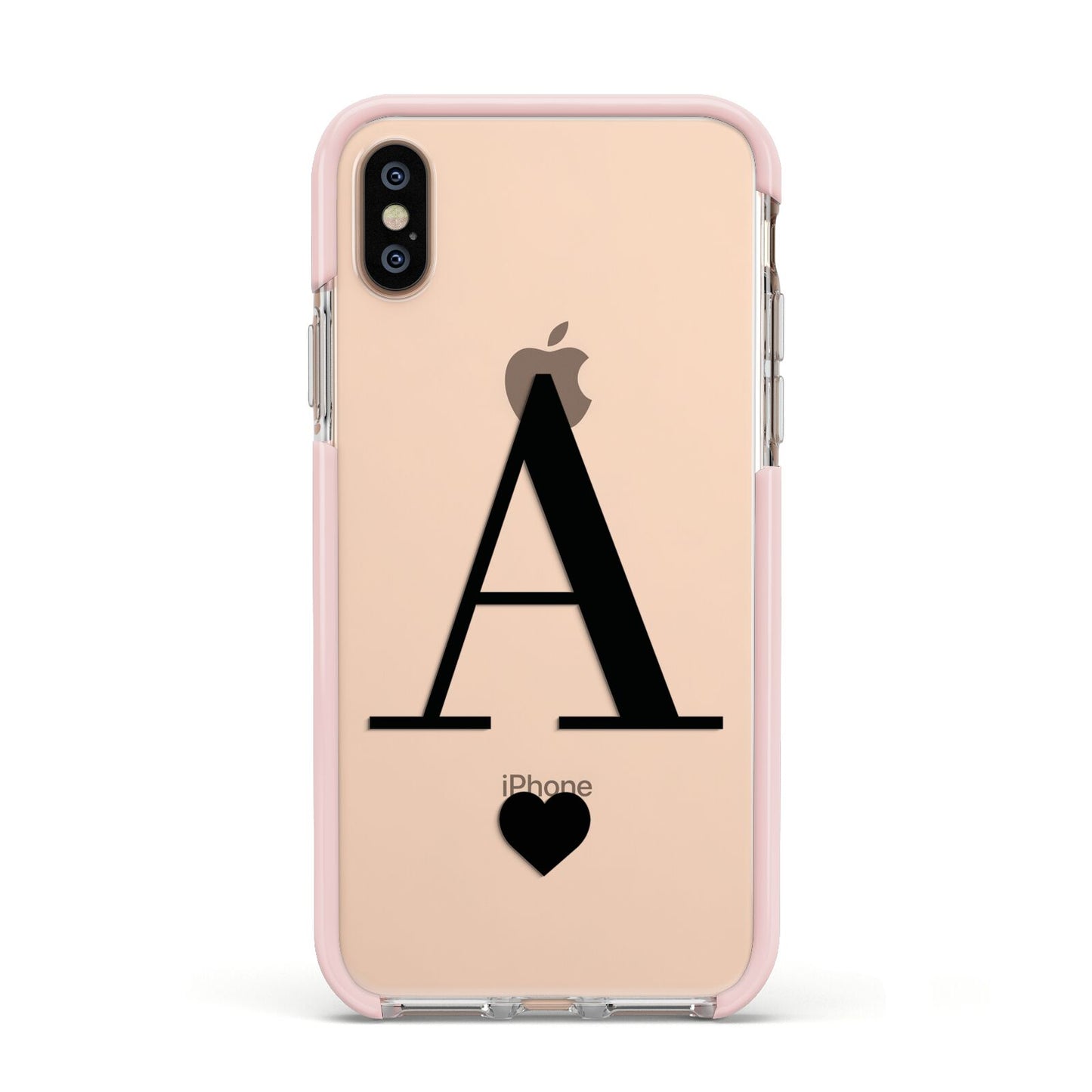 Personalised Black Big Initial Heart Clear Apple iPhone Xs Impact Case Pink Edge on Gold Phone