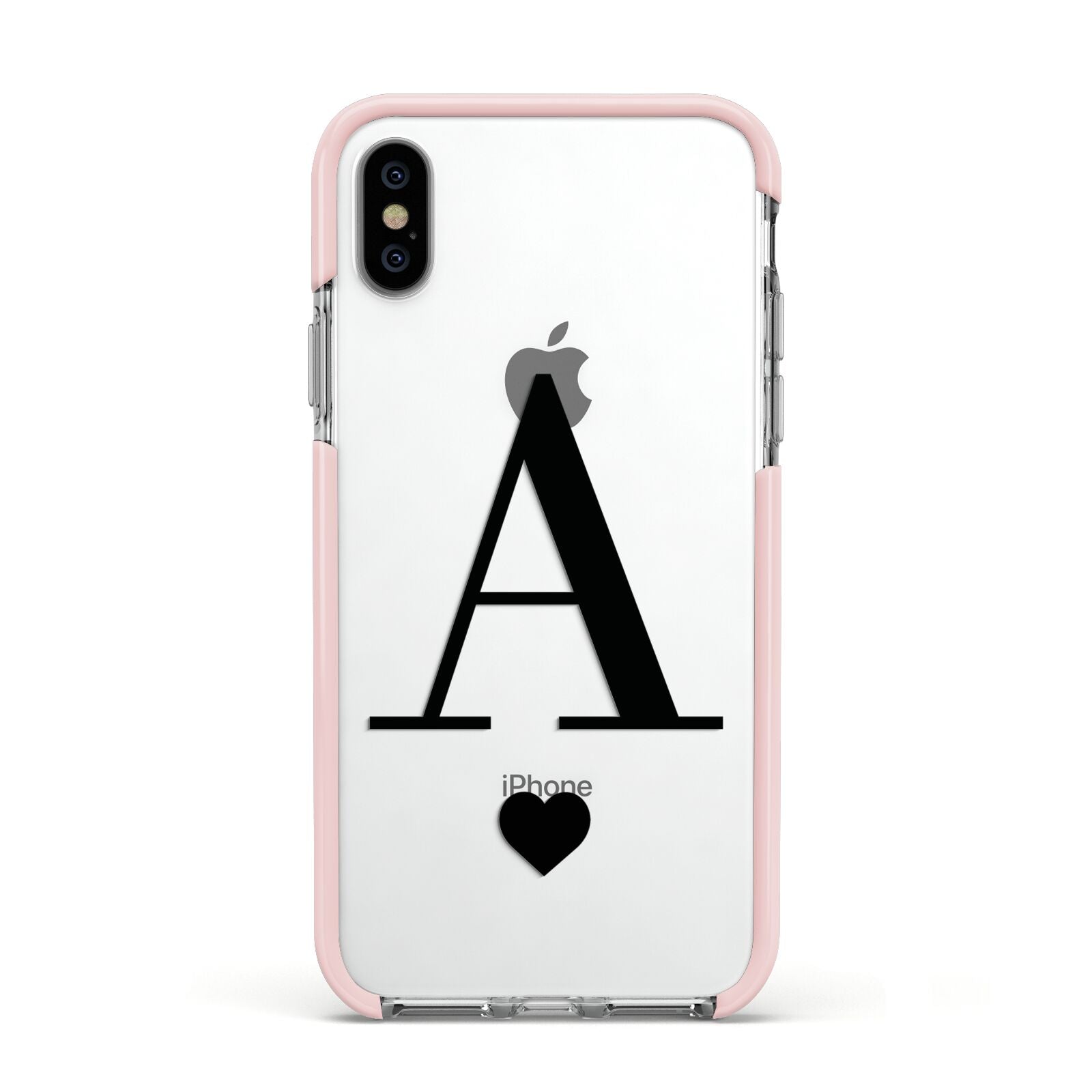 Personalised Black Big Initial Heart Clear Apple iPhone Xs Impact Case Pink Edge on Silver Phone