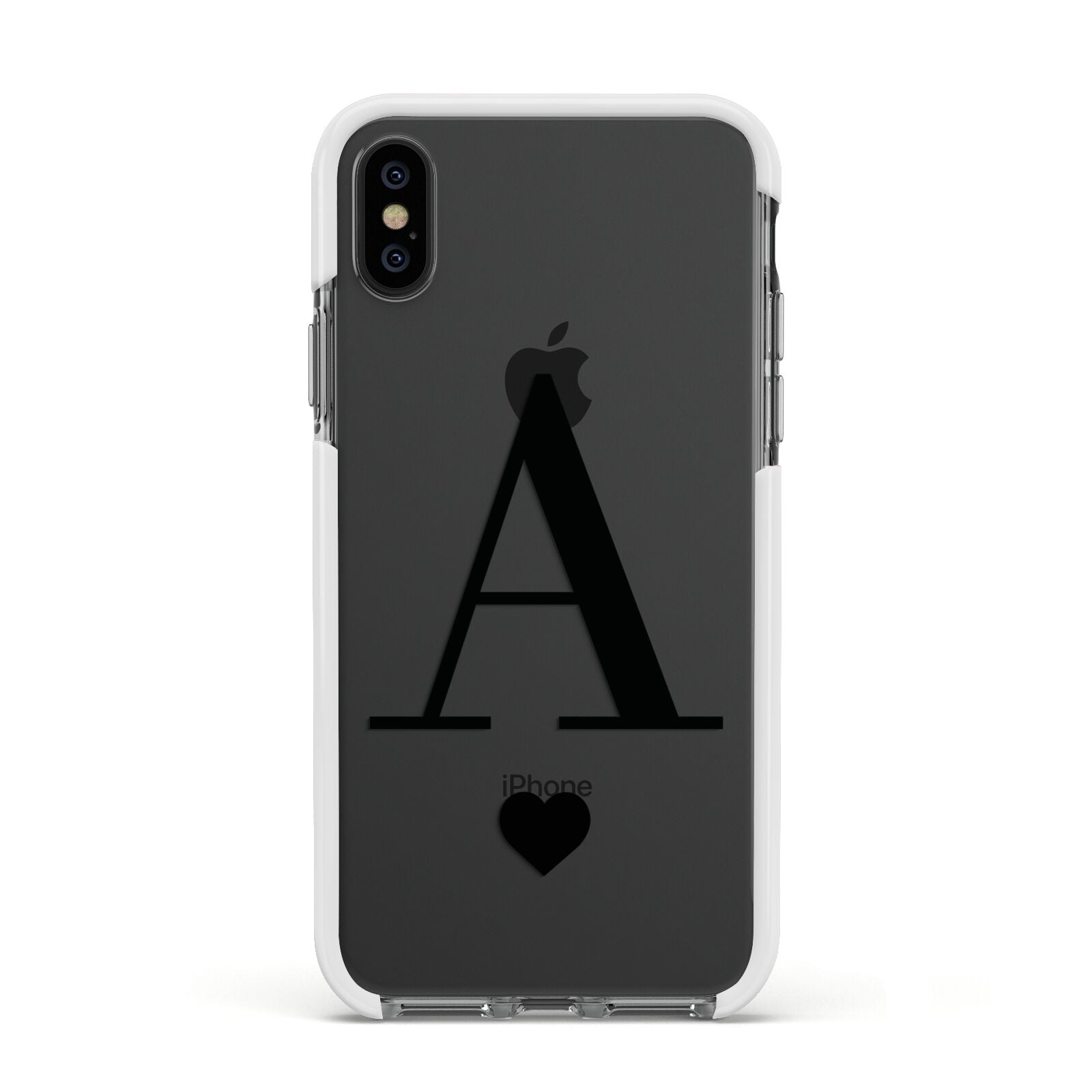 Personalised Black Big Initial Heart Clear Apple iPhone Xs Impact Case White Edge on Black Phone