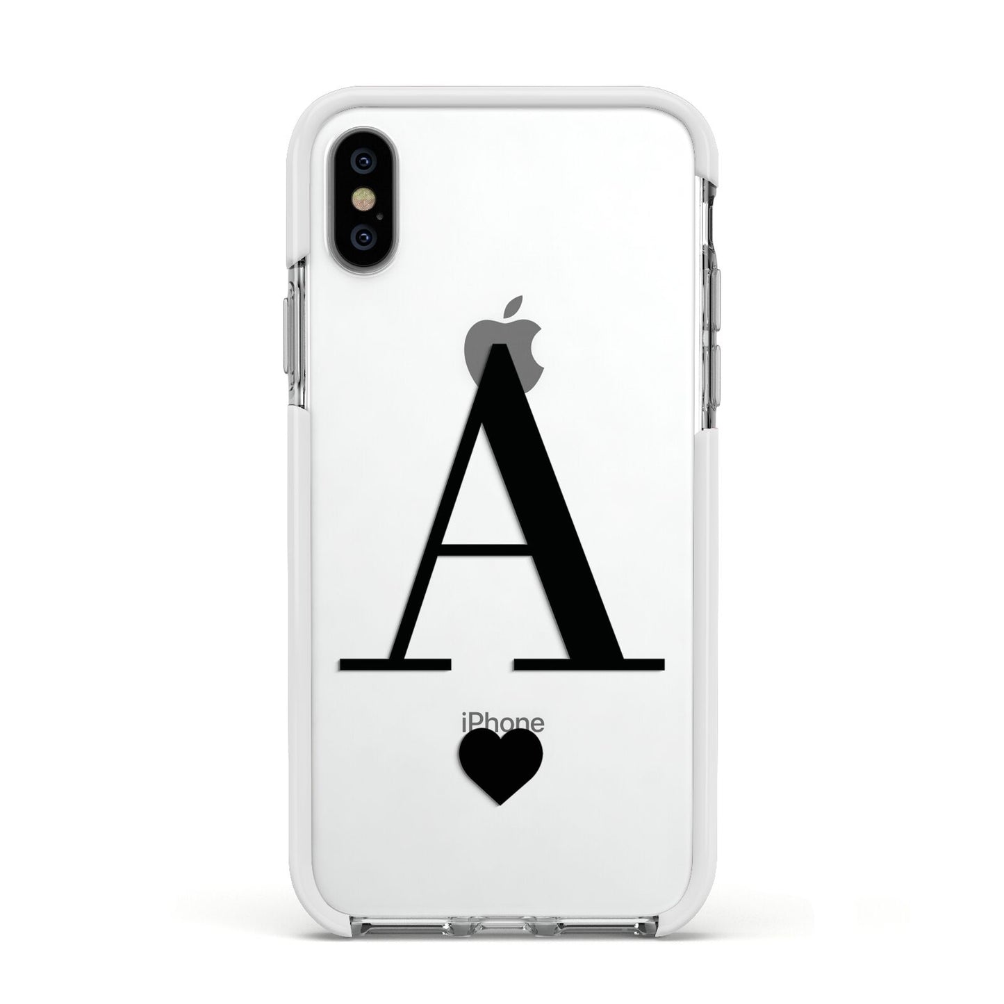 Personalised Black Big Initial Heart Clear Apple iPhone Xs Impact Case White Edge on Silver Phone