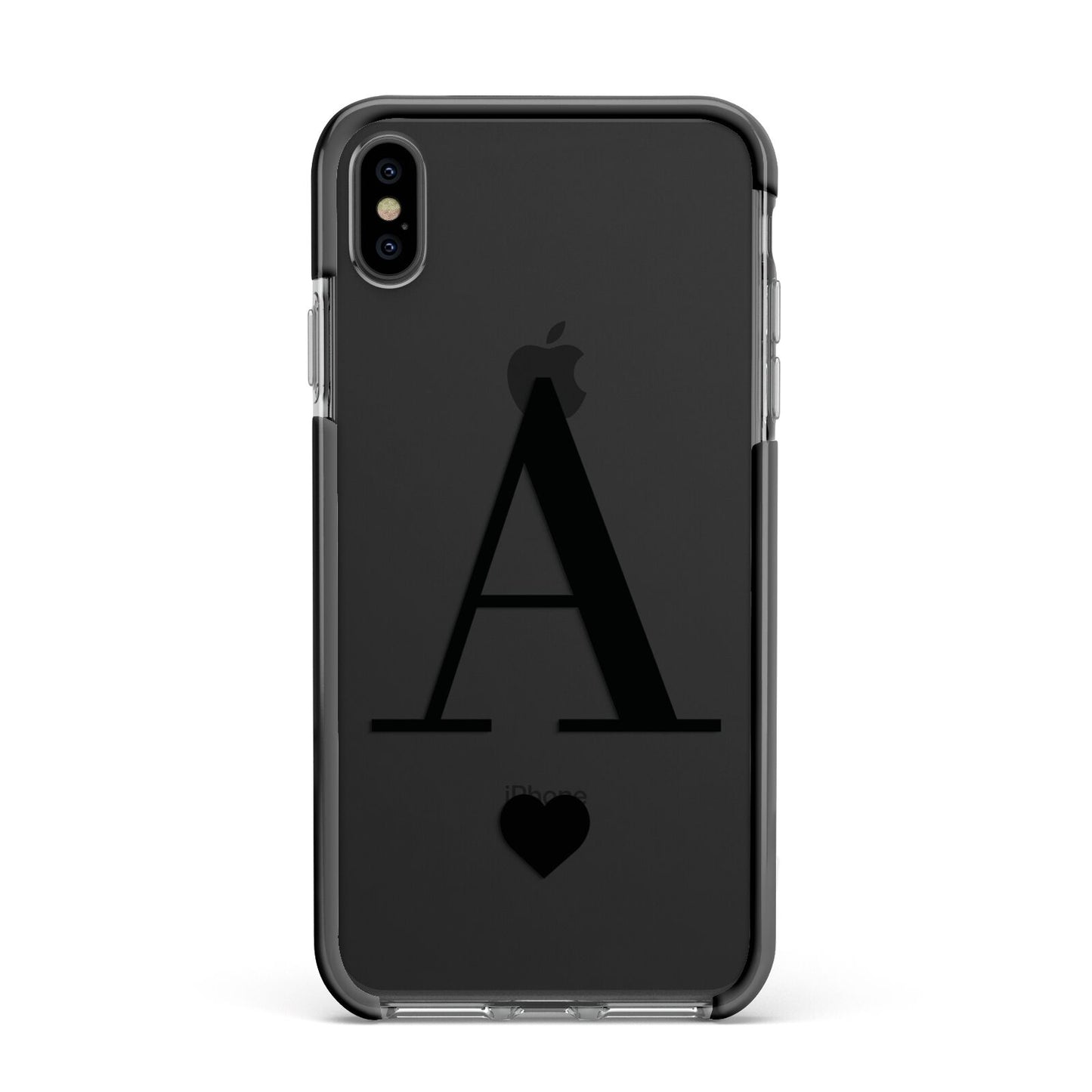 Personalised Black Big Initial Heart Clear Apple iPhone Xs Max Impact Case Black Edge on Black Phone