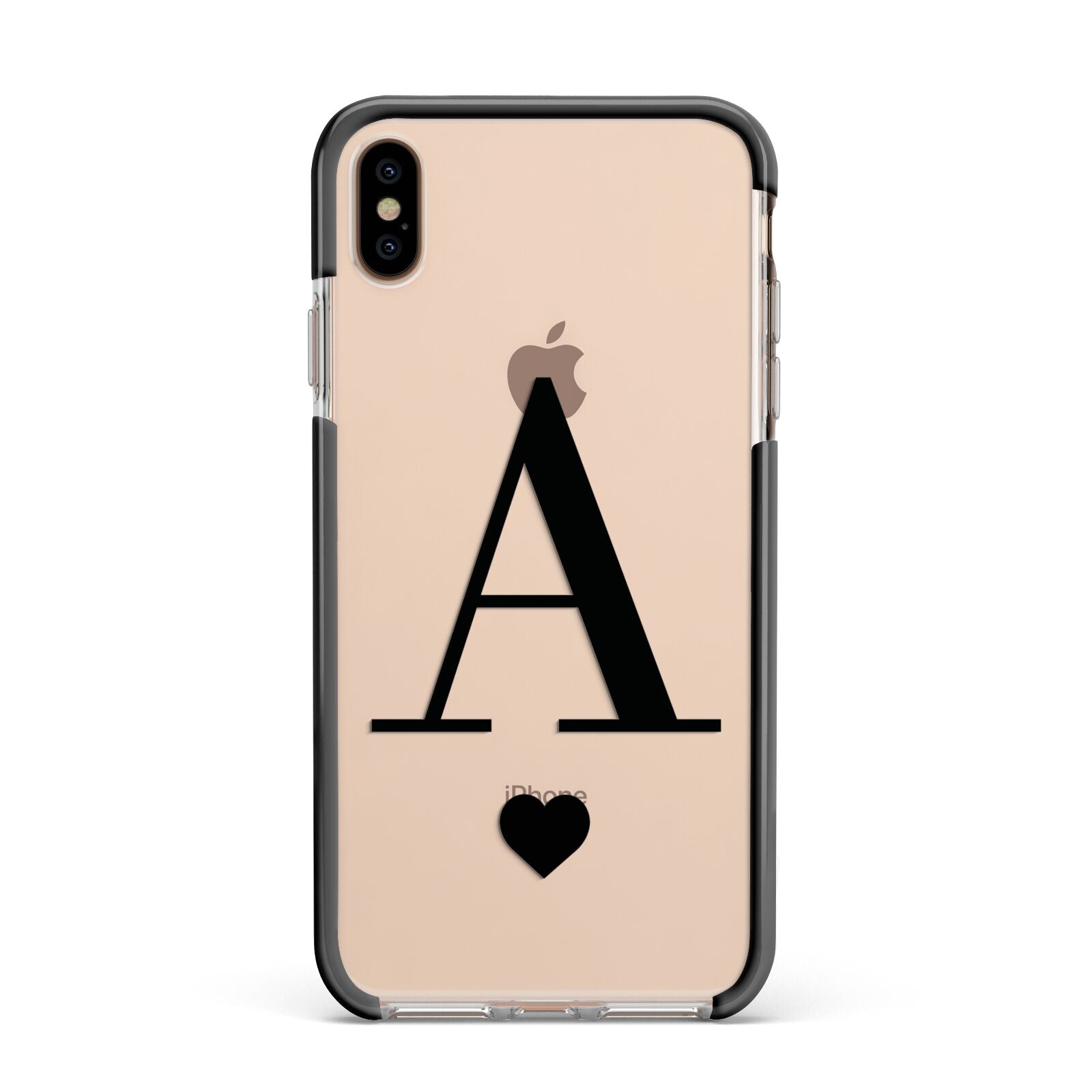 Personalised Black Big Initial Heart Clear Apple iPhone Xs Max Impact Case Black Edge on Gold Phone