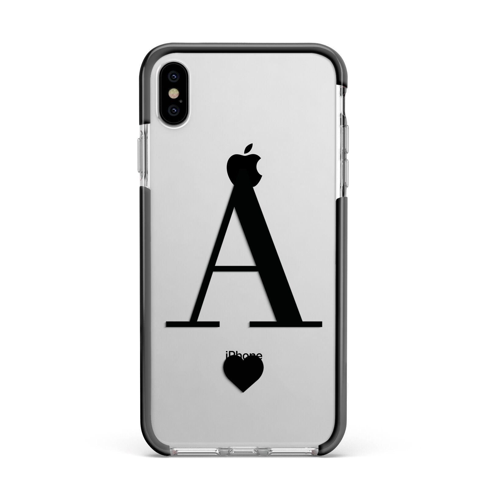 Personalised Black Big Initial Heart Clear Apple iPhone Xs Max Impact Case Black Edge on Silver Phone