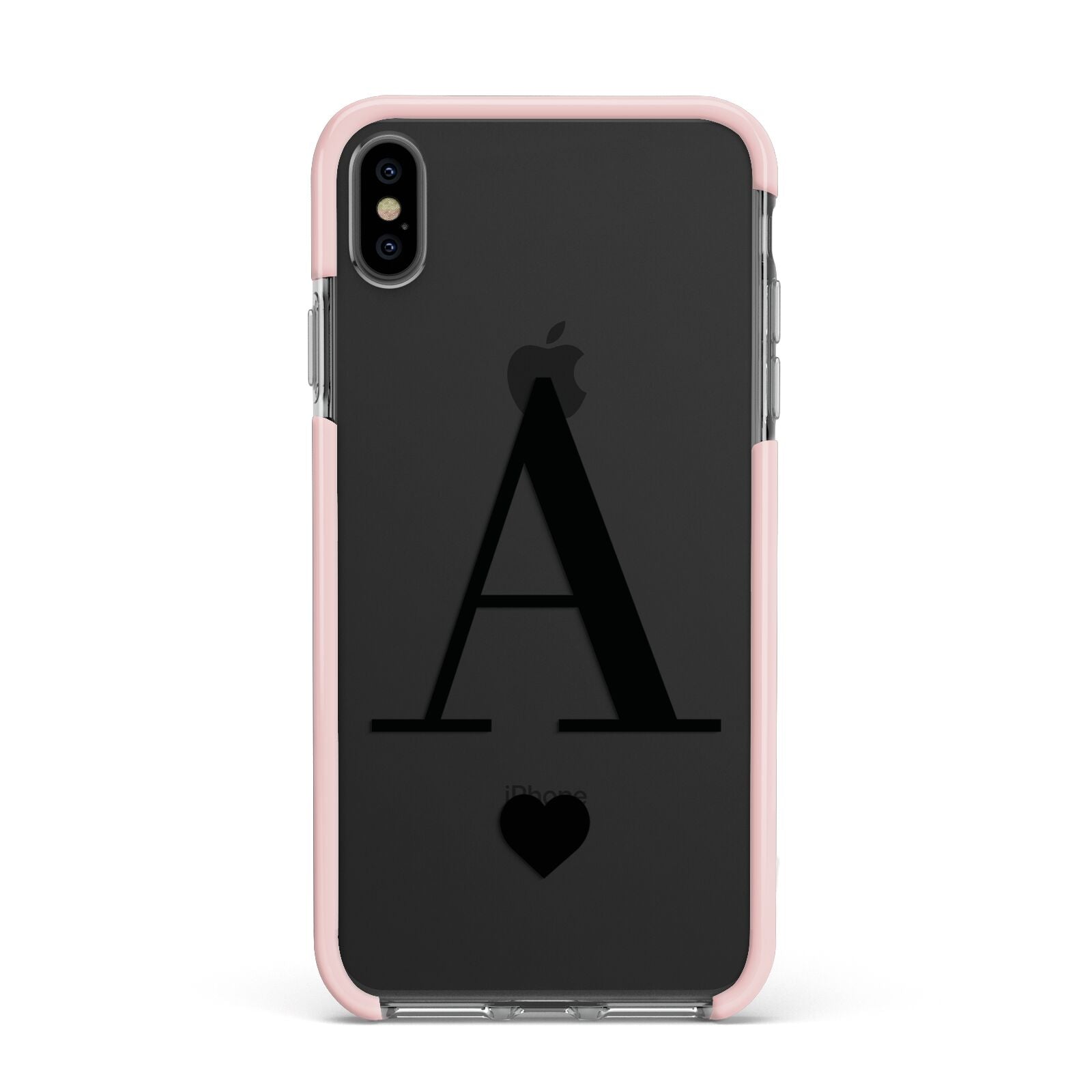 Personalised Black Big Initial Heart Clear Apple iPhone Xs Max Impact Case Pink Edge on Black Phone