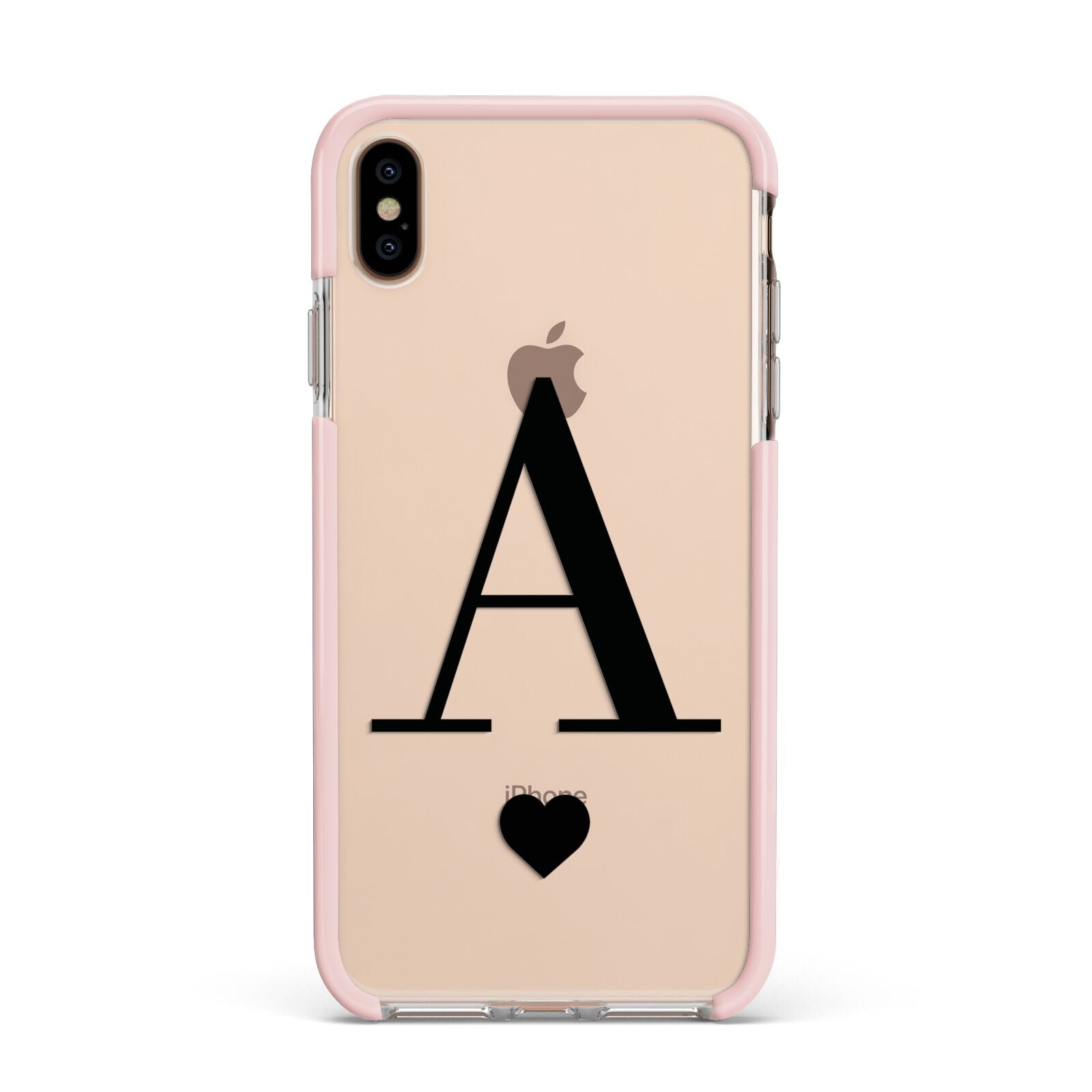 Personalised Black Big Initial Heart Clear Apple iPhone Xs Max Impact Case Pink Edge on Gold Phone