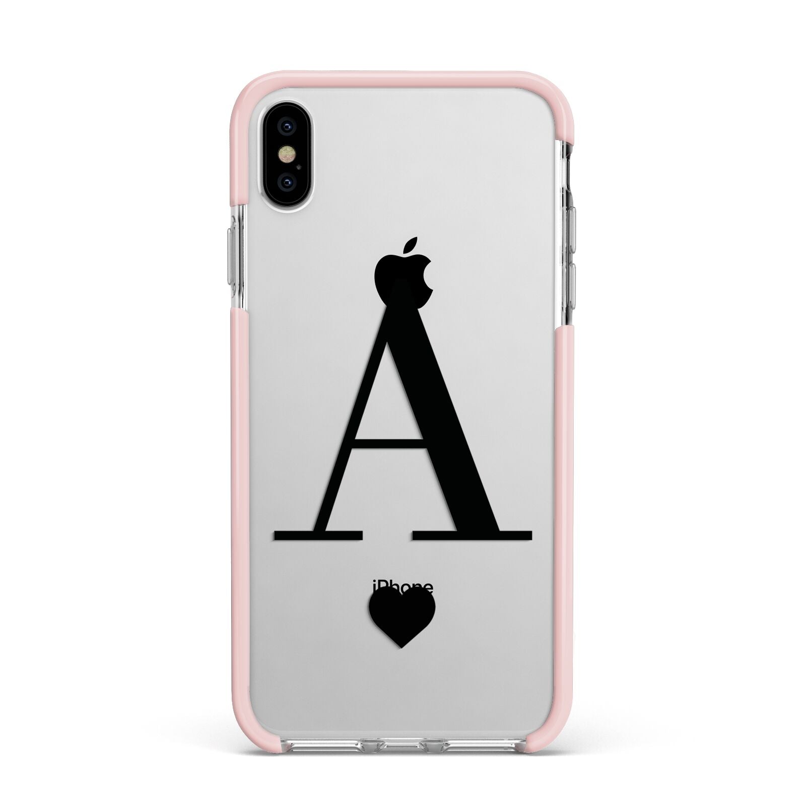 Personalised Black Big Initial Heart Clear Apple iPhone Xs Max Impact Case Pink Edge on Silver Phone