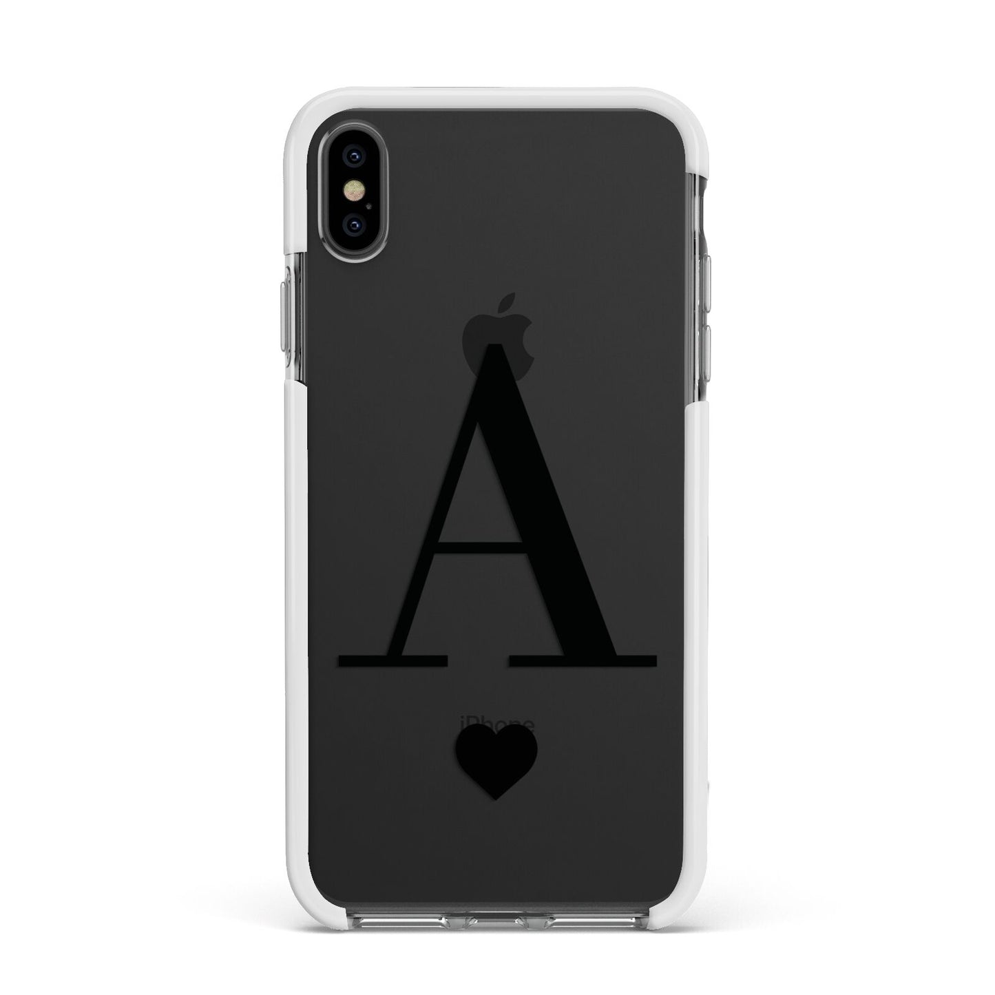 Personalised Black Big Initial Heart Clear Apple iPhone Xs Max Impact Case White Edge on Black Phone